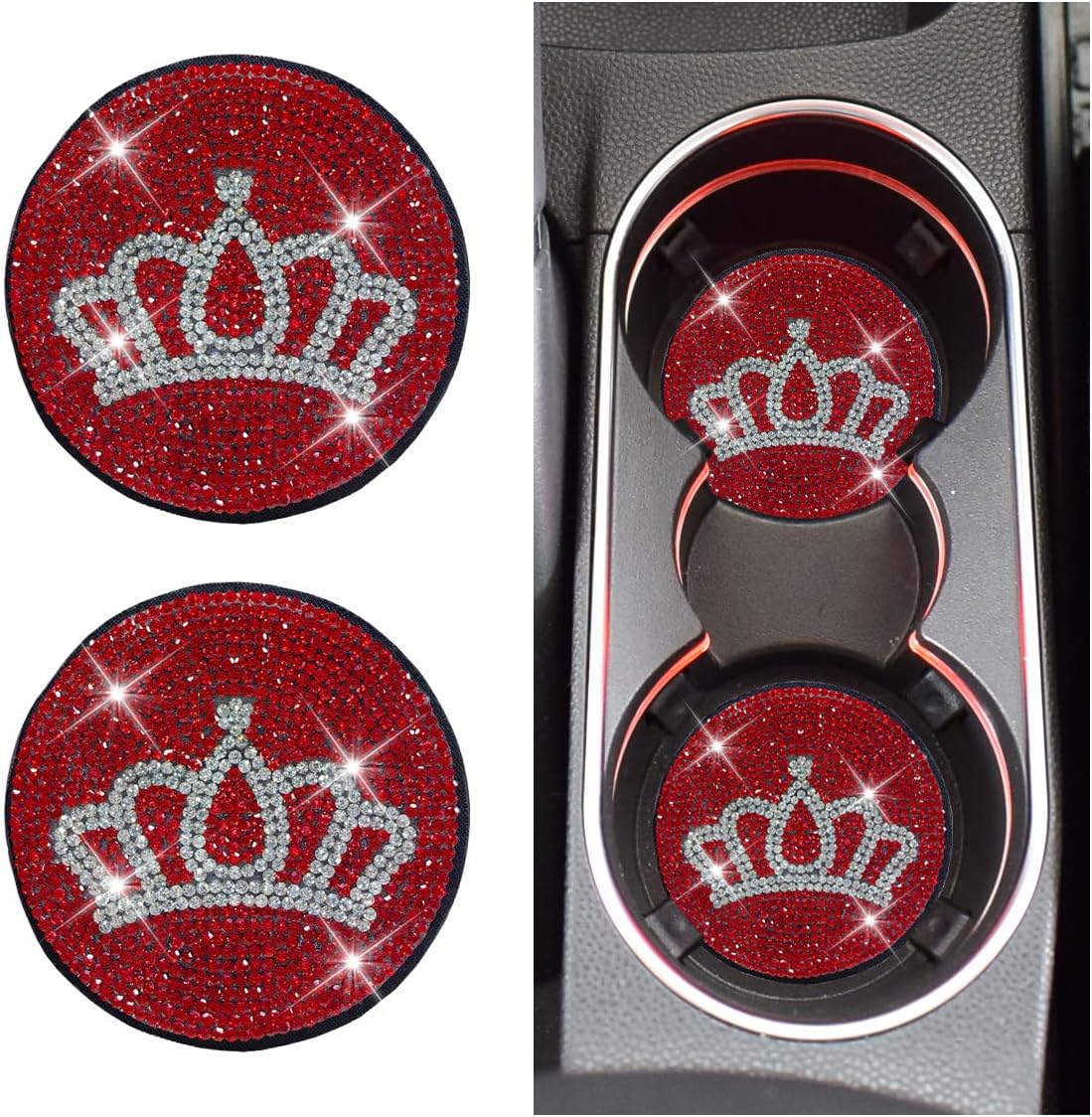 2PCS Bling Crown Car Cup Holder Coasters, 2.79 Inch Silicone Non-Slip Insert Coaster, Crystal Rhinestone Car Coasters, Shockproof Drink Mat Auto Interior Accessories for Vehicles, Trucks, RVs (Red)