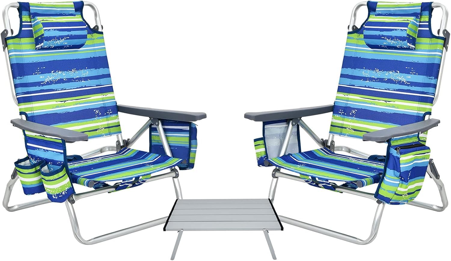 GIANTEX Chaises de Plage Pliable 3 Pcs, Chaises de Camping 5 Positions avec Dossier Haut et Table Enroulable, Chaise de Jardin Inclinables Charge 136 KG (Bleu + Vert)