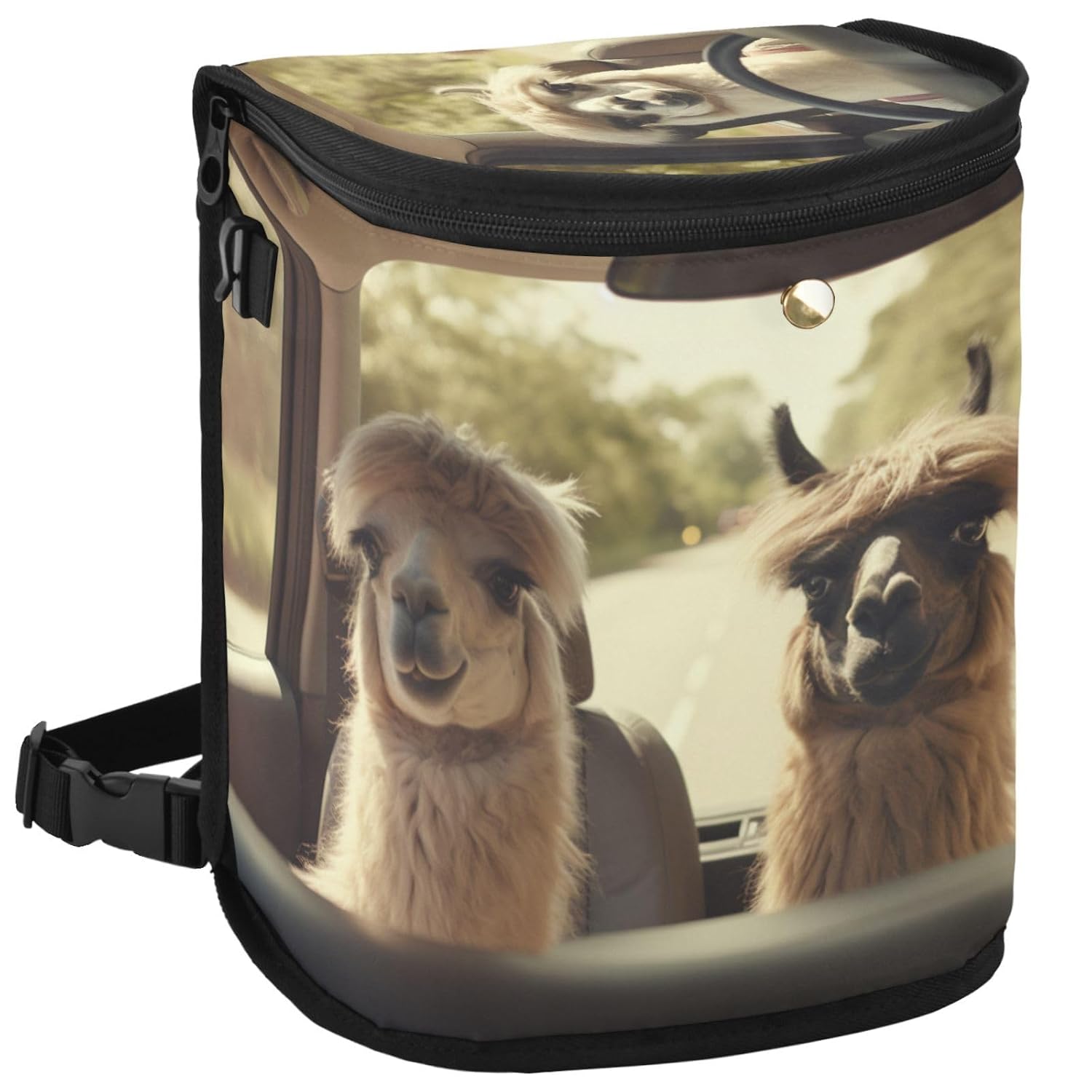 Funny Llama Alpacas Driving Car Trash Can Car Garbage Bag with Lid Hanging Waterproof Leak Proof Vehicle Storage Bin