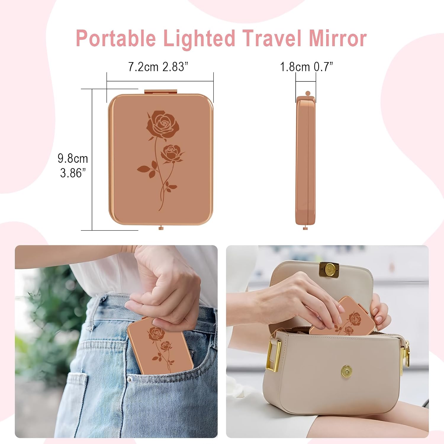Compact Mirror, Lighted Travel Makeup Mirror with 1X/3X Magnifying Double Sided Dimmable 3 Color Lighting Portable LED Pocket Mirror for Handbag, USB Rechargeable(Rose Gold)