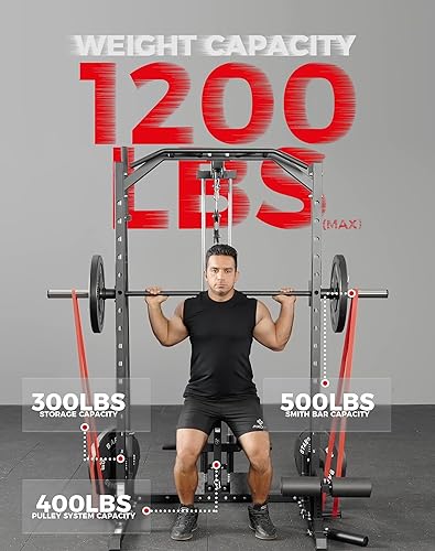 Miniatura 9 de Mikolo Smith Machine, Power Cage Home Gym, estante para sentadillas con sistema de tracción LAT y máquina de mosca de pecho, estante de potencia