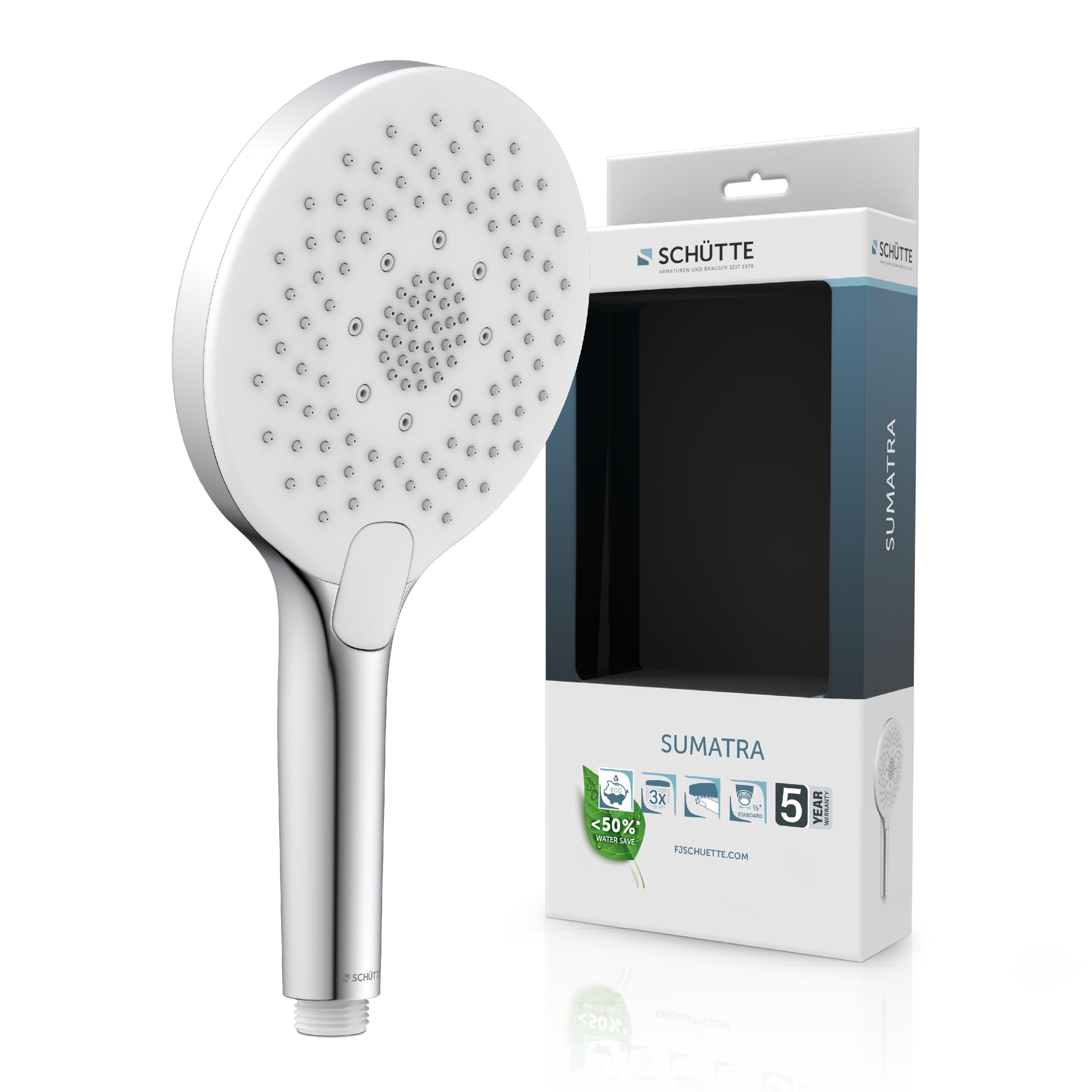 SCHÜTTE Doccetta SUMATRA con gommini anticalcare | Soffione doccia con comodo pulsante e 3 tipi di getto regolabili | Soffione anticalcare per la doccia | Cromo/Bianco