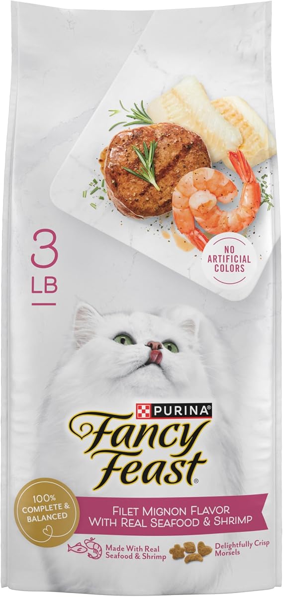 Purina Fancy Feast Alimento seco para gatos sabor filet mignon con mariscos y camarones - Bolsa de 3 lb