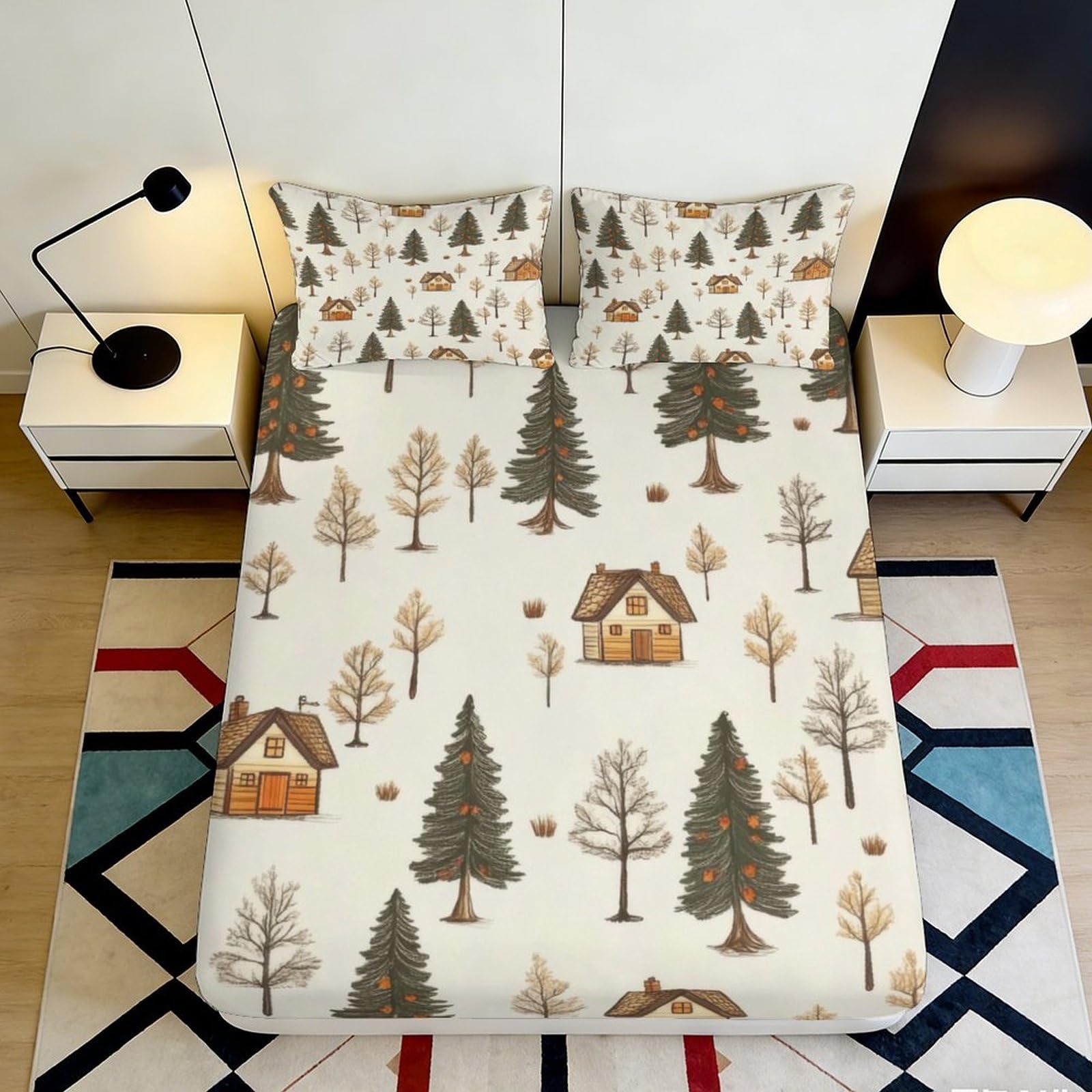 3D Printed Forest Cabin Fitted Sheet Microfiber Soft Breathable Woodland Trees Mattress Cover for Bedroom Guest Room Decor 140x200x25cm