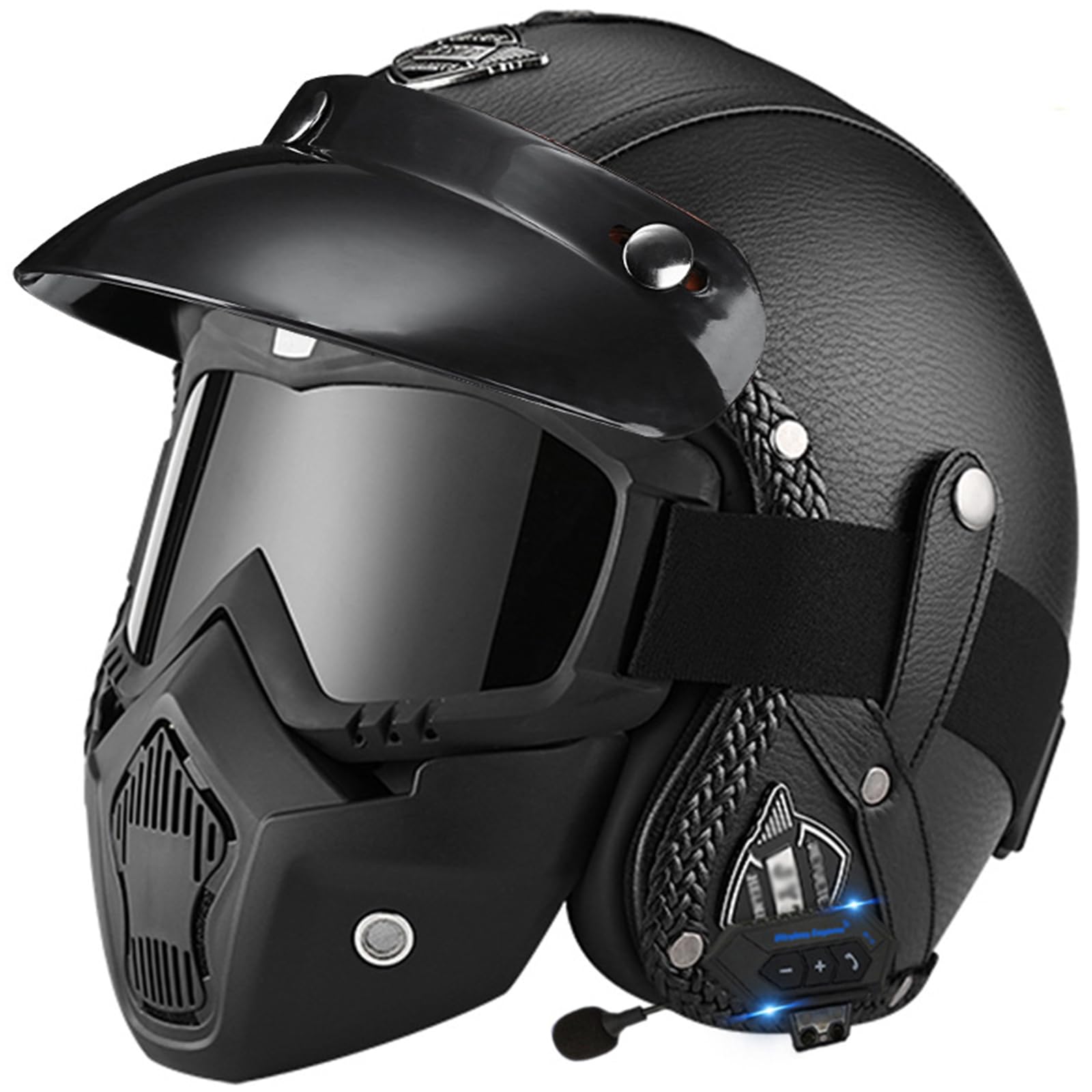 Casco Medio de Cara Abierta Vintage, ECE Homologado Retro Casco Moto Jet Abierto con Bluetooth ECE Homologado Custom Scooter Casco Moto para Mujer Hombre Adultos - S-2XL (55~64cm)