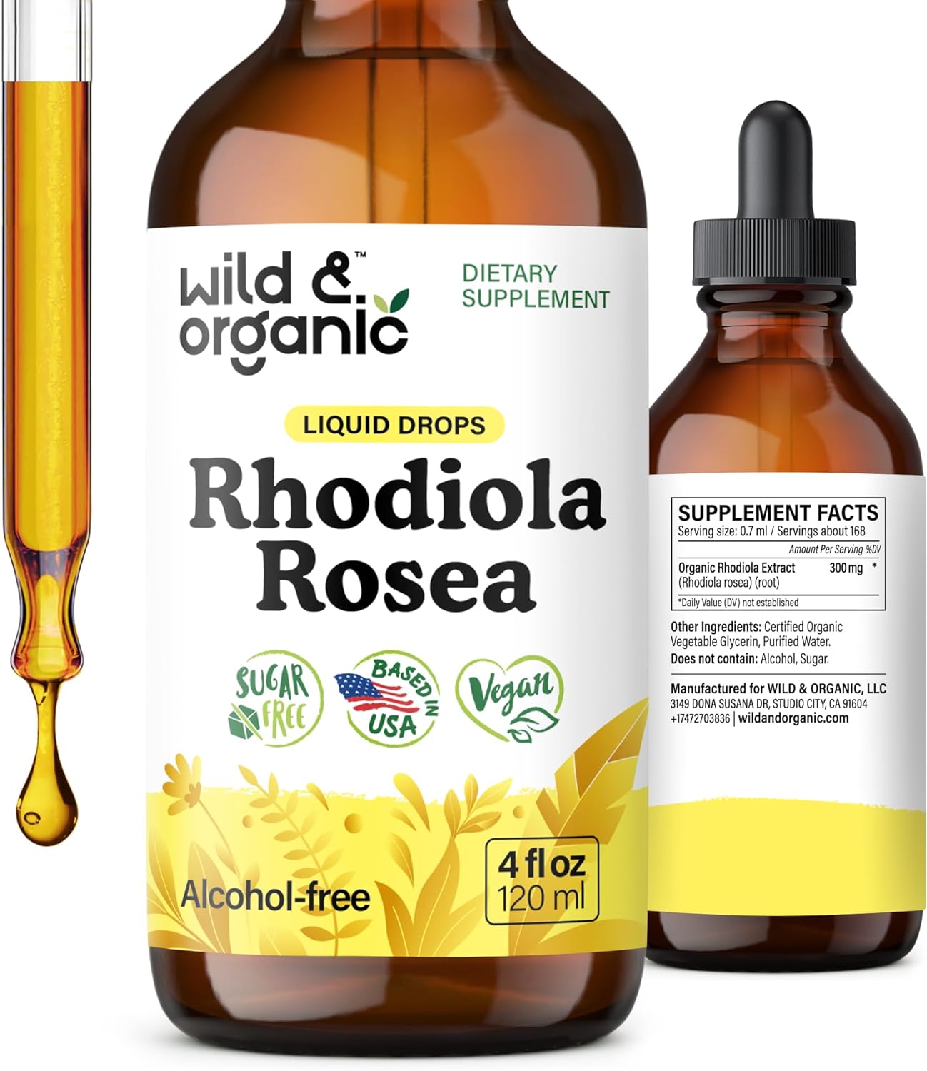 Wild & Organic Rhodiola Rosea Tincture – Rhodiola Rosea Supplement for Mood Support – Relaxing Root Extract Liquid Drops – Vegan, Sugar & Alcohol-Free – 4 fl oz