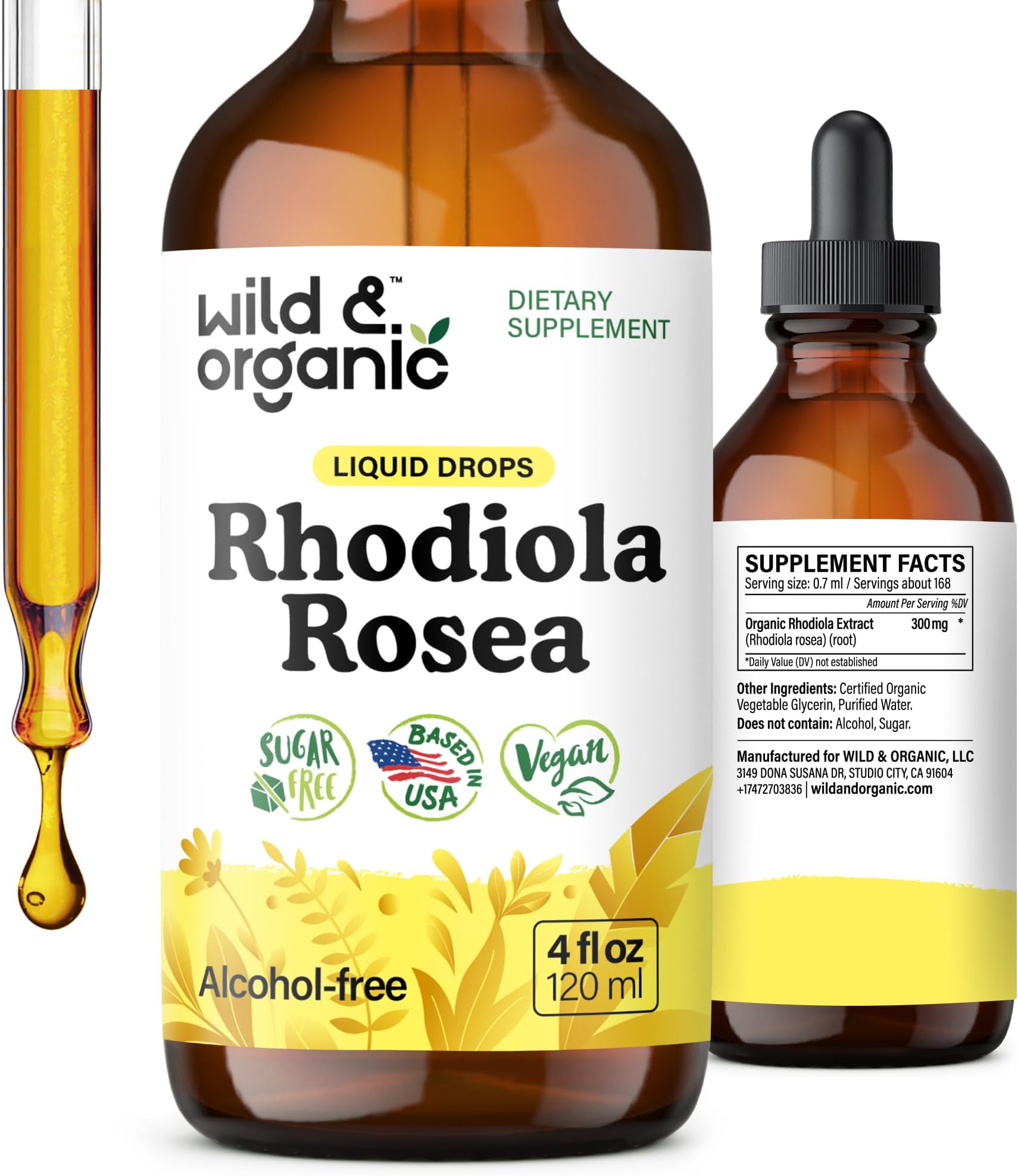 Wild & Organic Rhodiola Rosea Tincture - Rhodiola Rosea Supplement for Mood Support - Relaxing Root Extract Liquid Drops - Vegan, Sugar & Alcohol-Free - 4 fl oz