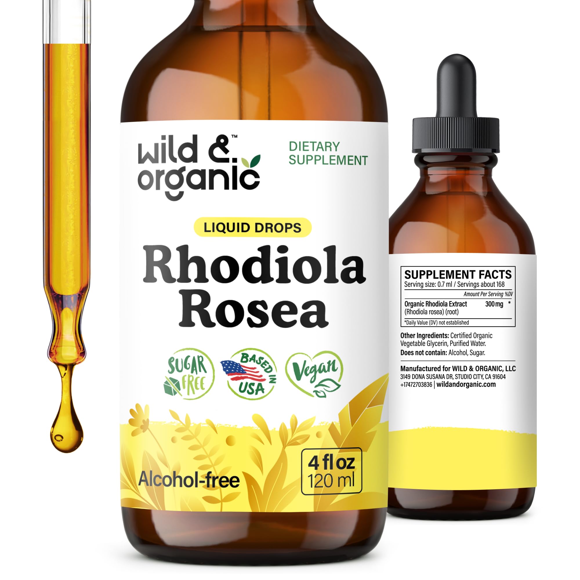 Wild & Organic Rhodiola Rosea Tincture - Rhodiola Rosea Supplement for Mood Support - Relaxing Root Extract Liquid Drops - Vegan, Sugar & Alcohol-Free - 4 fl oz