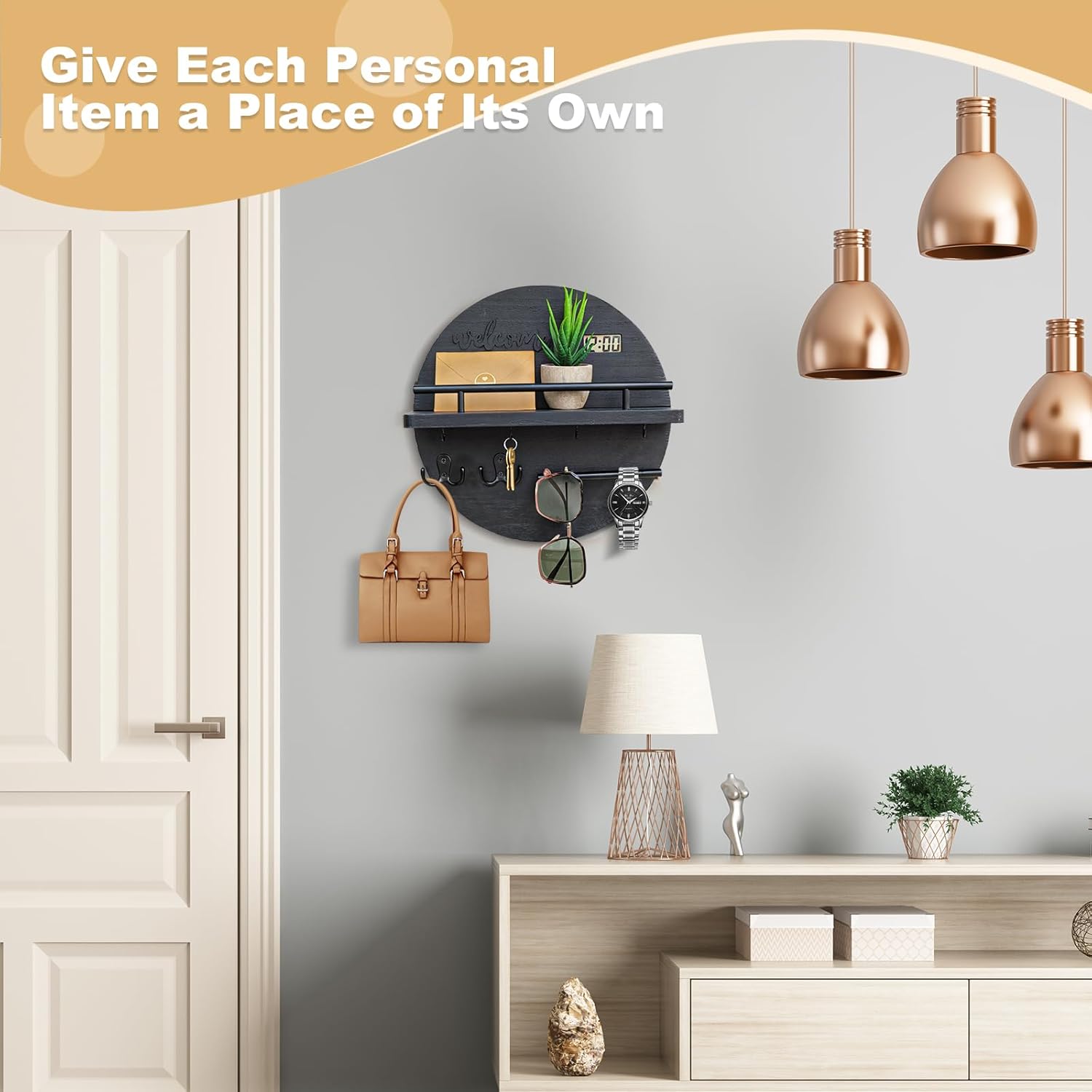 (レイルー) キーホルダー 壁 鍵 メールホルダー オーガナイザー 付き - キーホルダー 壁マウント - ラウンド 木製 素朴なホ