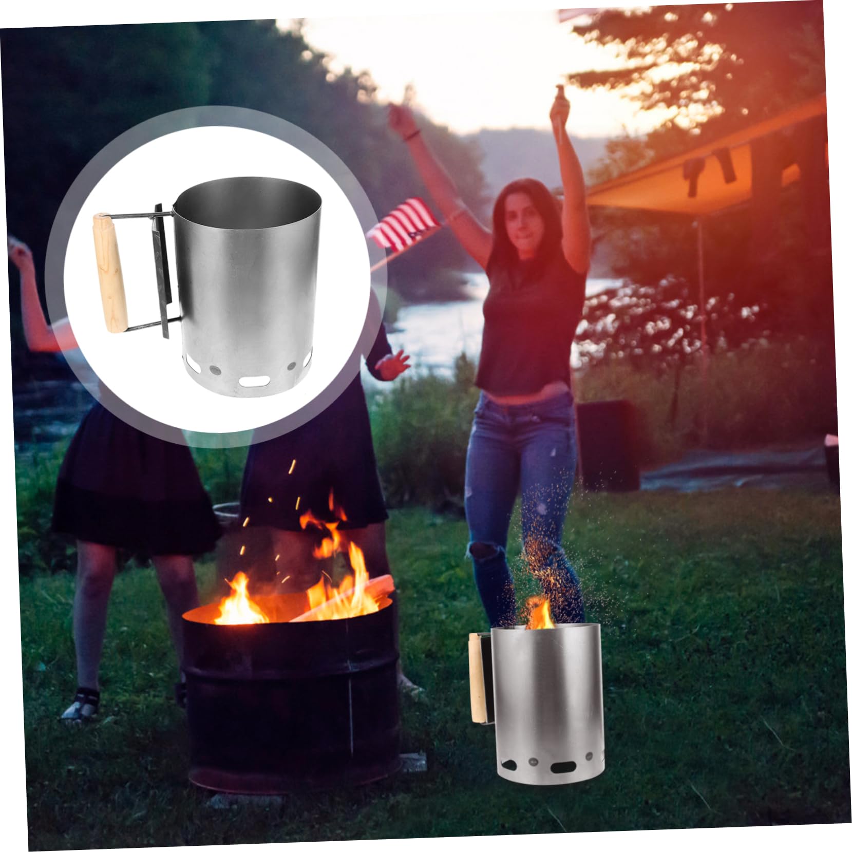 BESPORTBLE Encendedor de Carbón para Chimenea de Barbacoa de Camping | Acabado Plata, Hierro y Mango de Madera, Gran Circulación de Aire, Uso Exterior y Brasero