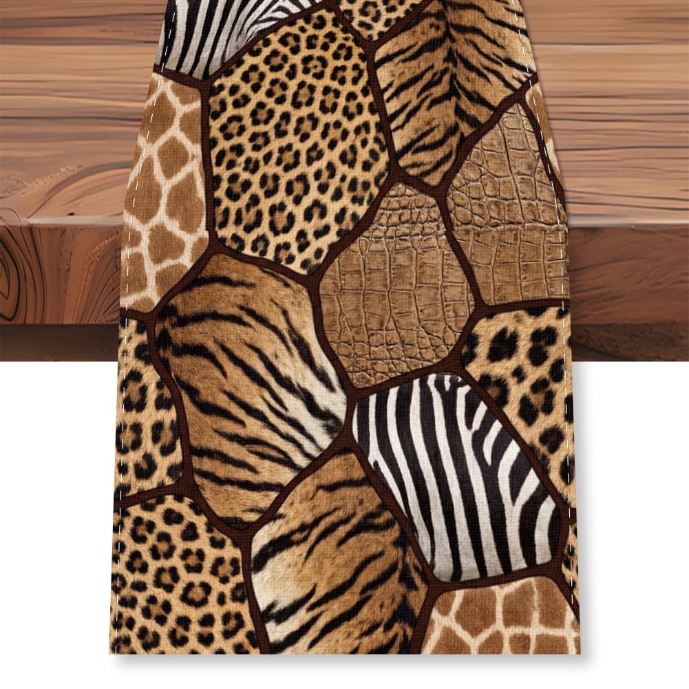 WADORN Animal Skin Print Patchwork Table Runner, 72x13 Inch Leopard Print Tiger Skin Theme Kitchen Dining Desk Decor Western Wildlife Table Runners for Kitchen Holiday Party Indoor Outdoor Supplies