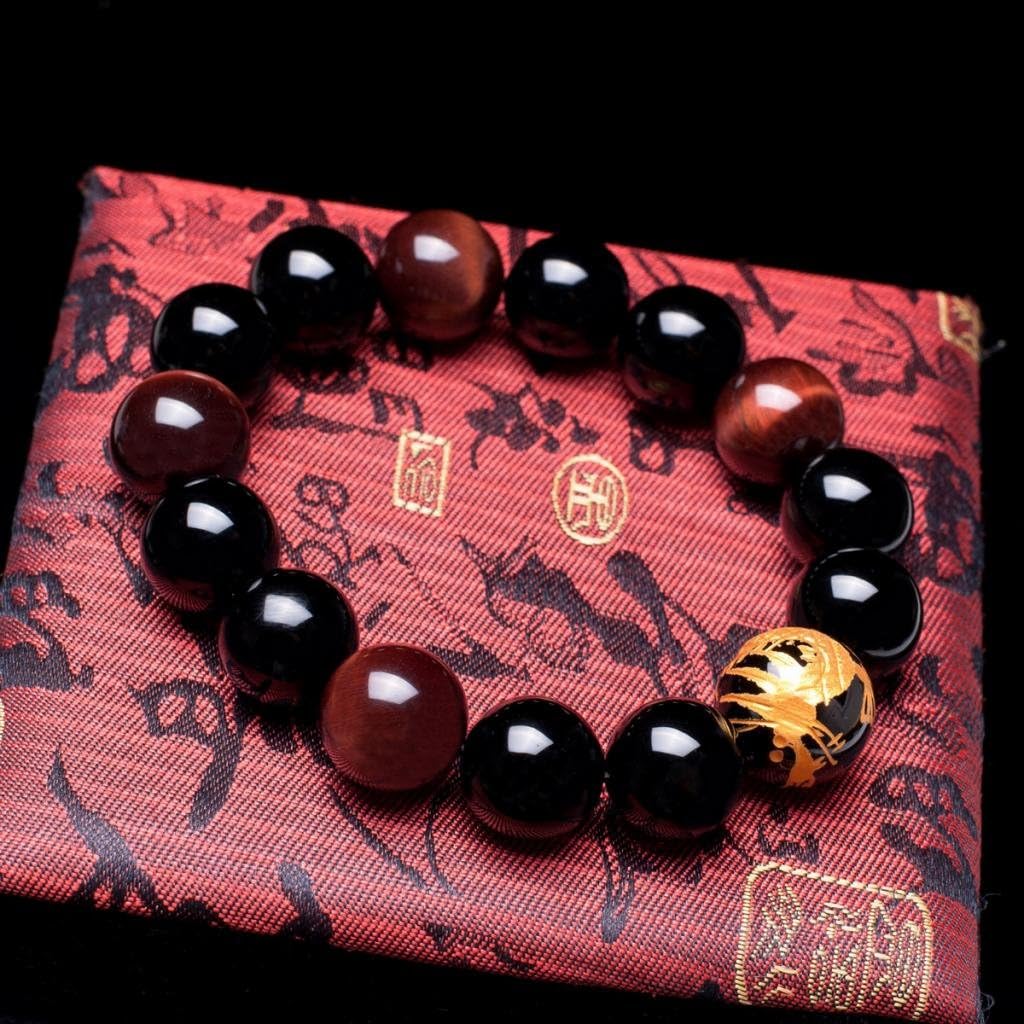 Merdia Men's Tiger Eye Stretch Bracelet Dragon King Pattern Bead(Silver&Yellow)