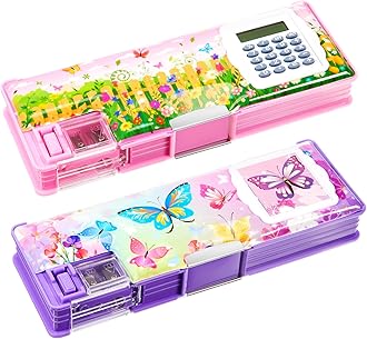 Henoyso 2 Pcs Multifunctional Pencil Case Plastic Pencil Case with Calculator and Pencil Sharpener Pencil Pouch Gifts (Flower, Butterfly)