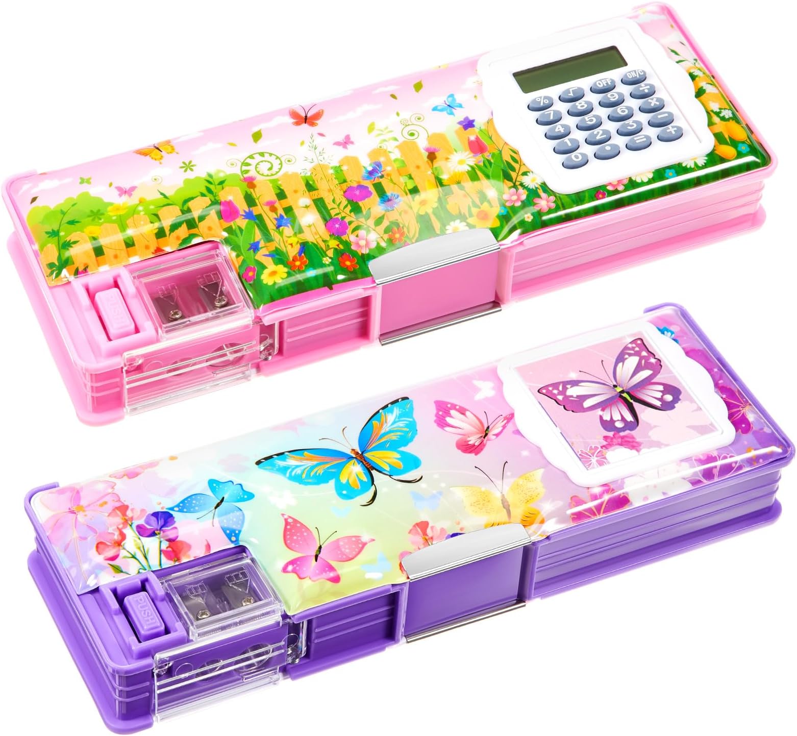 Henoyso 2 Pcs Multifunctional Pencil Case Plastic Pencil Case with Calculator and Pencil Sharpener Pencil Pouch Gifts (Flower, Butterfly)