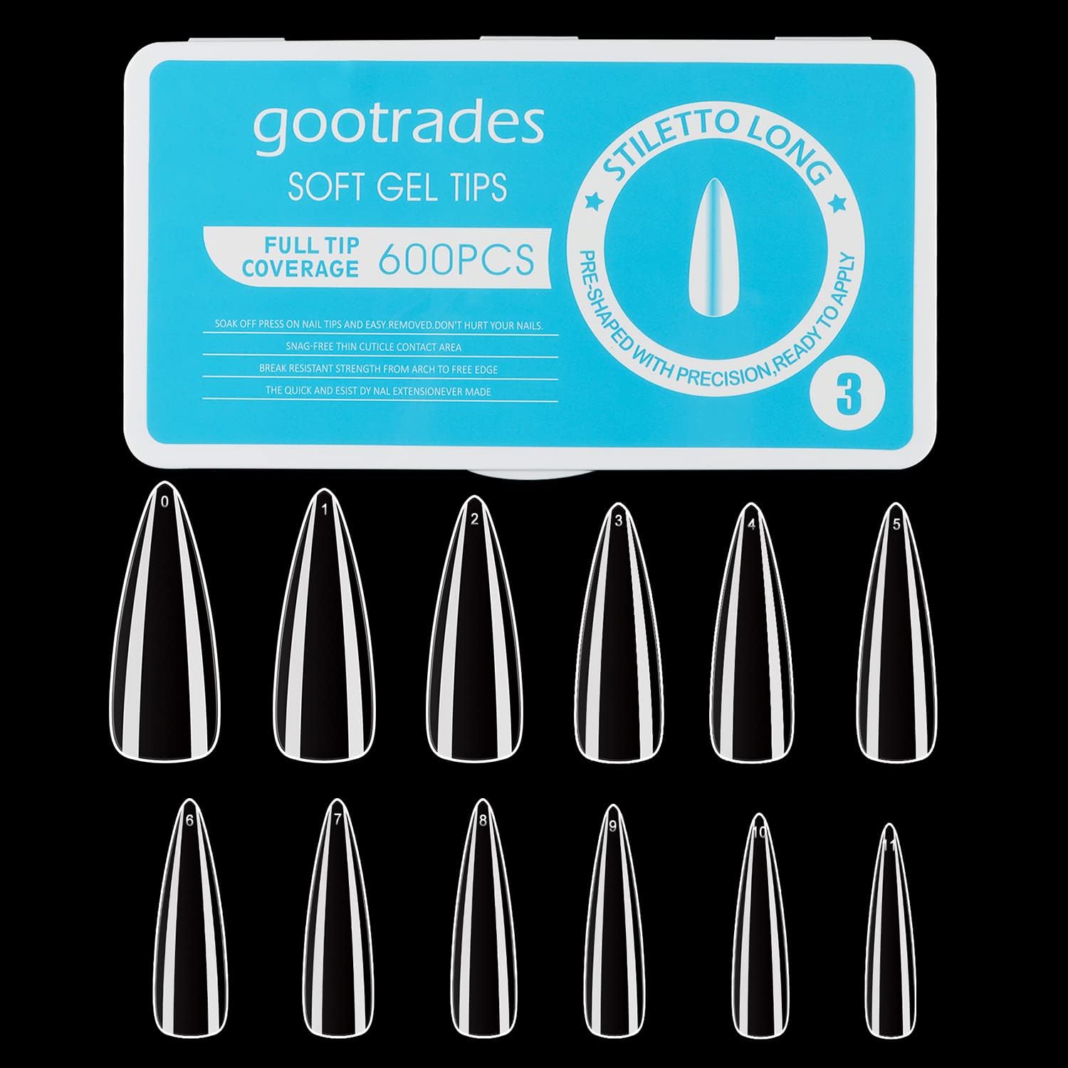 600PCS Soft Gel Full Cover Nail Tips Kit, Clear Natural Stiletto Medium Gel Nail Tips Pre-shaped SoakOff for Press On Nail Extension DIY Manicure,12 Sizes - Stiletto Medium