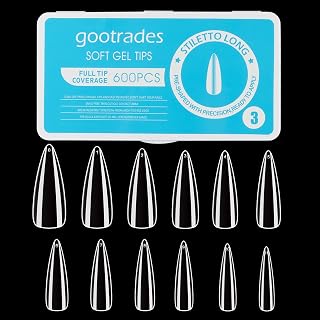 600PCS Soft Gel Full Cover Nail Tips Kit, Clear Natural Stiletto Medium Gel Nail Tips Pre-shaped SoakOff for Press On Nail Extension DIY Manicure,12 Sizes - Stiletto Medium