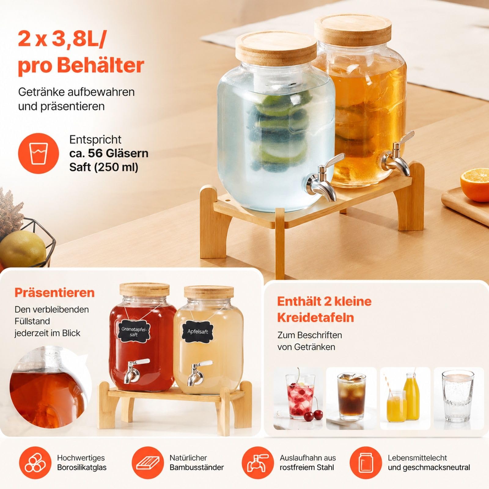 Getränkespender aus Glas 2 Stück, je 3,8 L, mit Zapfhahn und Ständer, für Saft, Kaffee, Partys und Bars