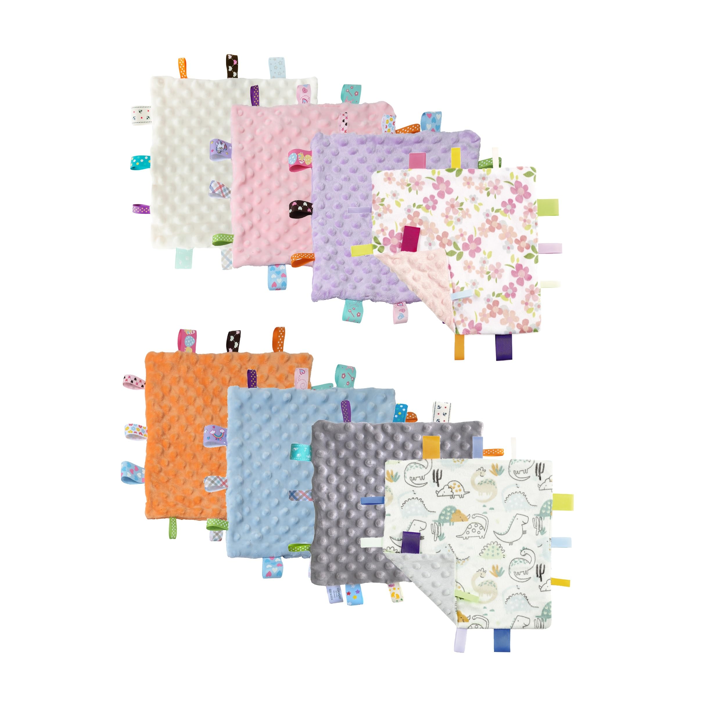 CREVENT Tag Sicherheit Decken für Babys, weiche kleine Loveys für Jungen, Baby Tröster sensorische Decke, große Geschenke für Geburtstag Baby-Dusche (25,4 x 25,4 cm 8 Taggies)