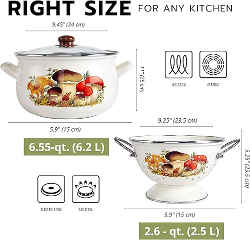 Miniatura 2 de Juego de pasta de cacerola y colador de aluminio esmaltado con toalla de cocina de algodón y espátula de cortesía, 1 olla, 1 tapa de vidrio, 1