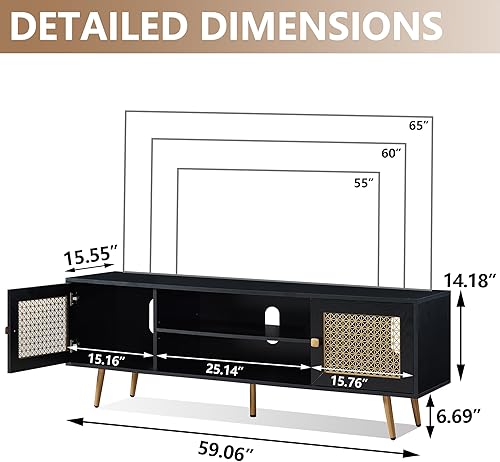 Miniatura 6 de JYED DECOR Soporte de TV de madera de mediados de siglo con estantería abierta y 2 gabinetes para televisores de hasta 65 pulgadas (nogal oscuro)