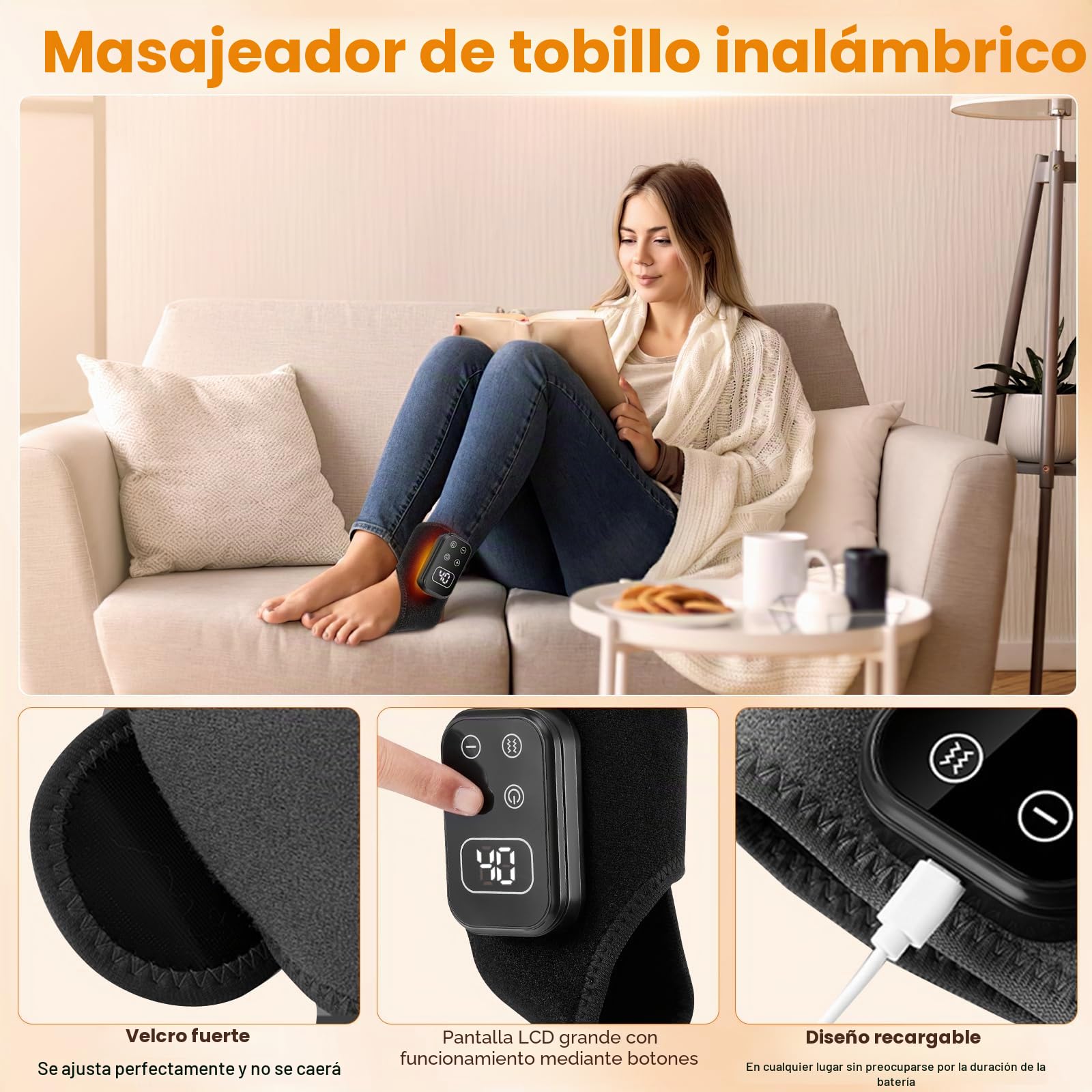 Masajeador de pies inalámbrico 3 en 1 con calor, 5 niveles de vibración y 6 niveles de calor - Masajeador de pies y tobillos para relajar talones y plantas de los pies, recargable(Negro)