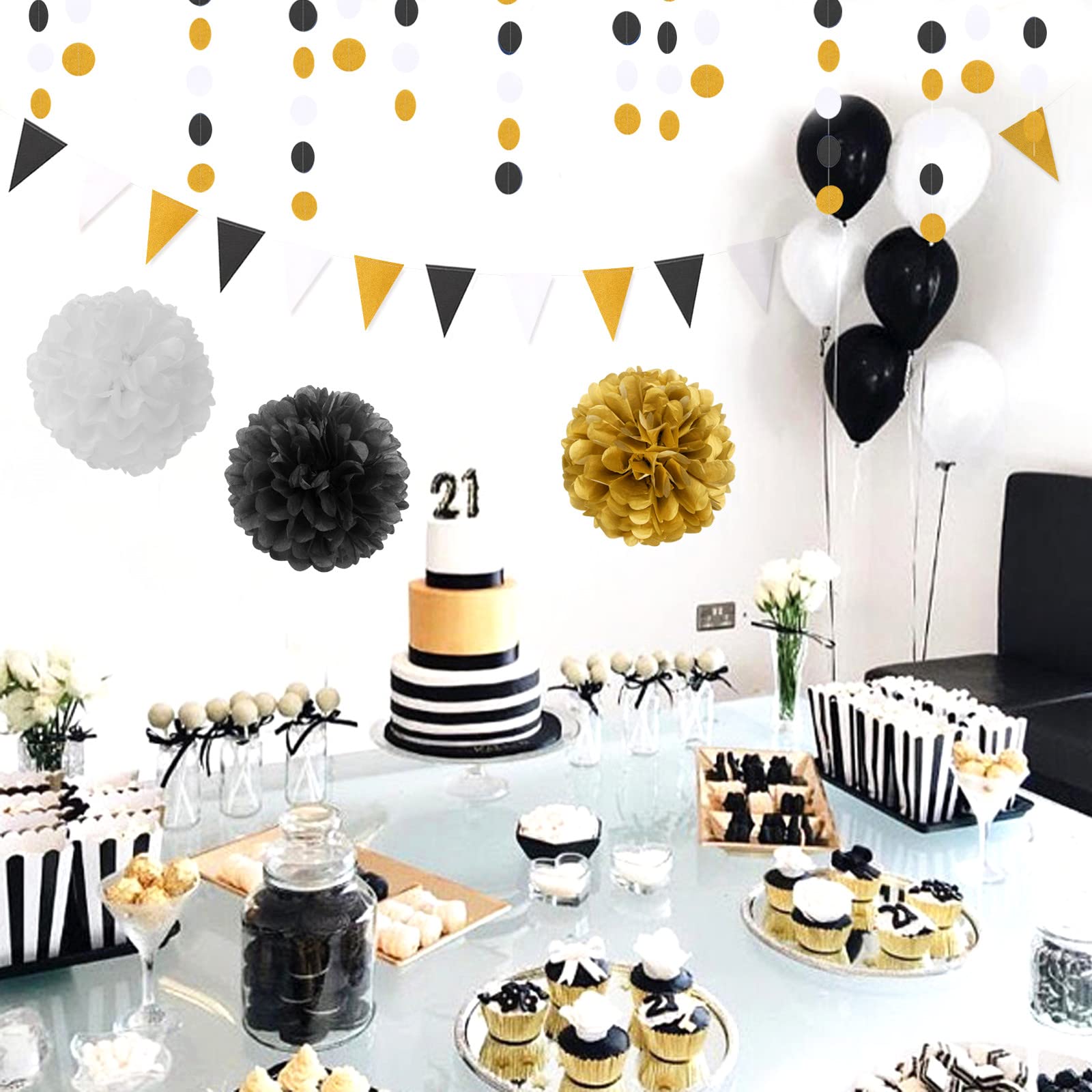 16pcs Black & Gold Tissue Paper Pom Poms & Paper Flowers, Decor For Birthday Graduation Single Lady Wedding Bridal Shower P 59395594