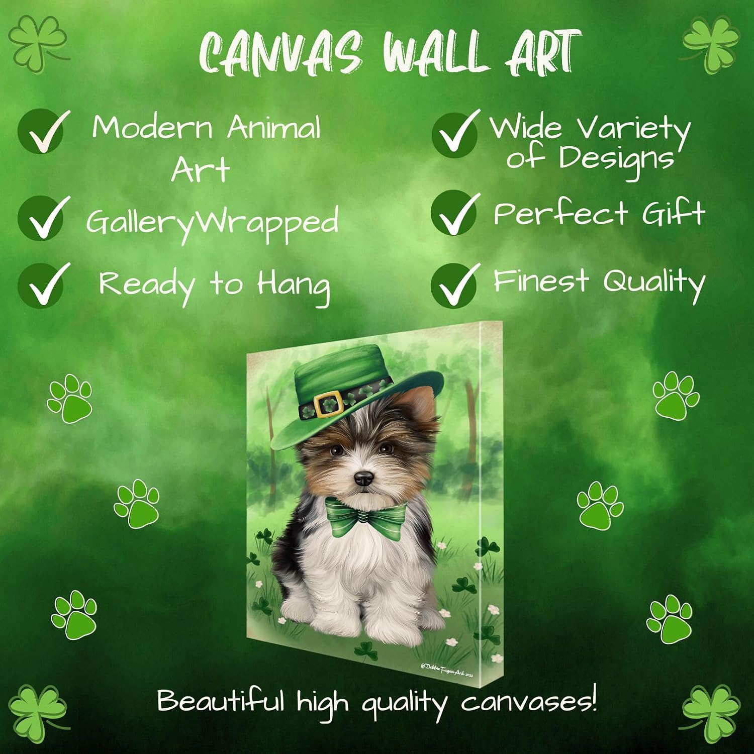 St. Patricks Day with Biewer Terrier Dog Canvas Wall Art - Premium Quality Ready to Hang Room Decor - Flat Rolled 20" x 24"