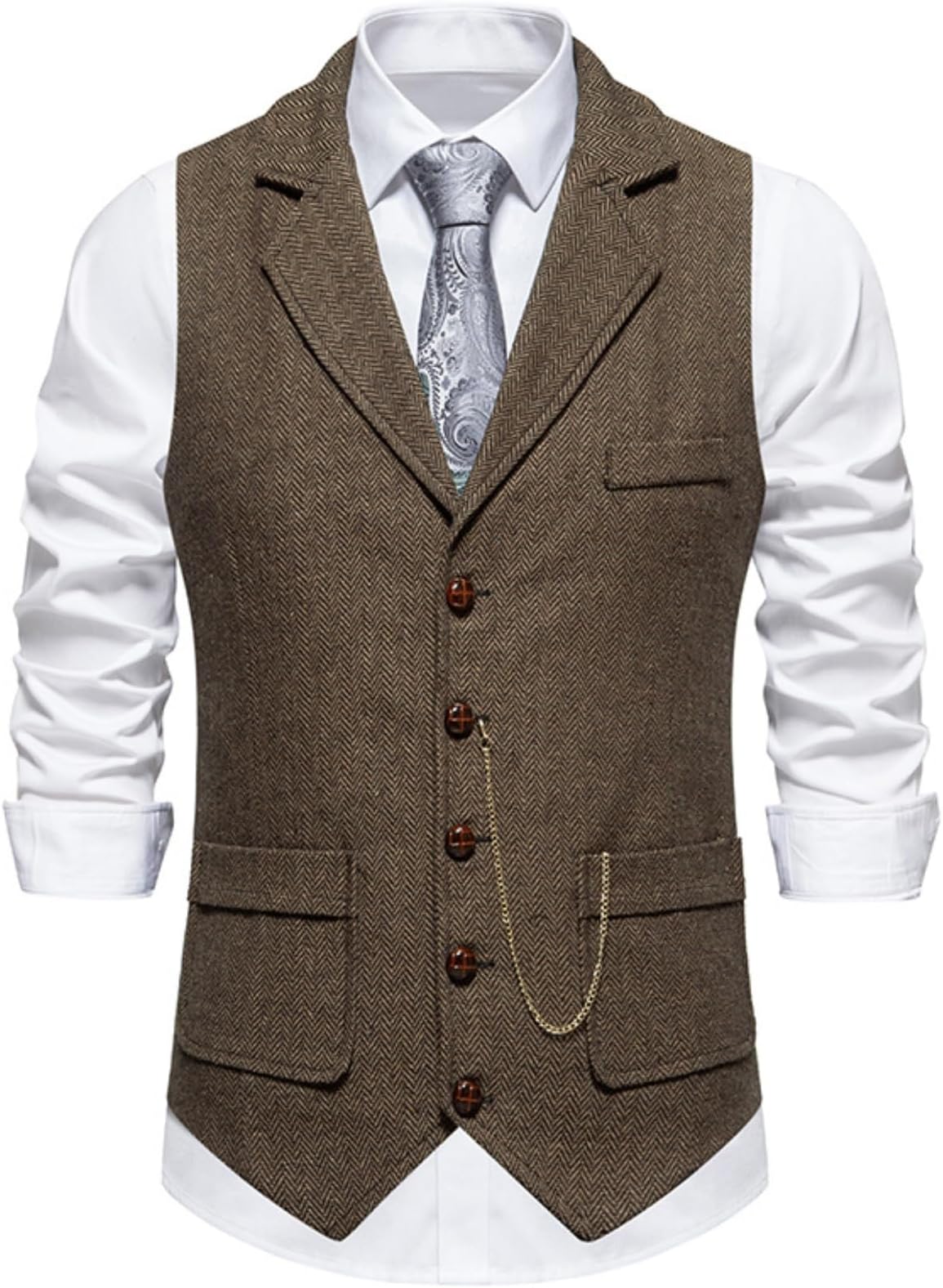Classic Mens Tweed Suit Vest Casual Sleeveless Jacket Herringbone Waistcoat for Tuxedos