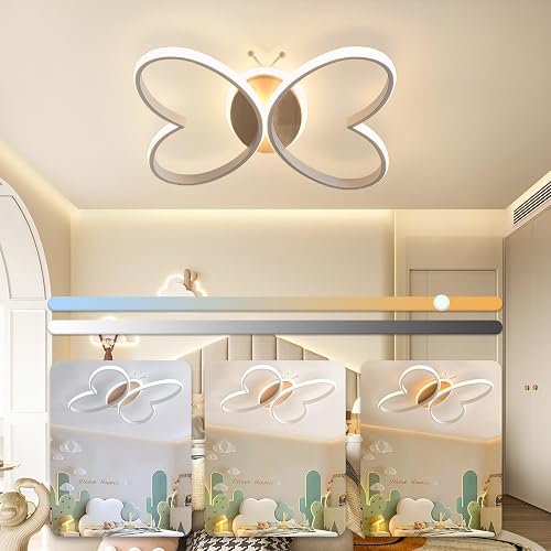 LED Deckenleuchte Schlafzimmer, 40W Kinderzimmerlampe Deckenlampe Holz, 38cm Kreativen Schmetterling Kinderzimmer Lampe Decke, Deckenleuchte Holz Dimmbar mit Fernbedienung Mit Nachtlichtfunktion