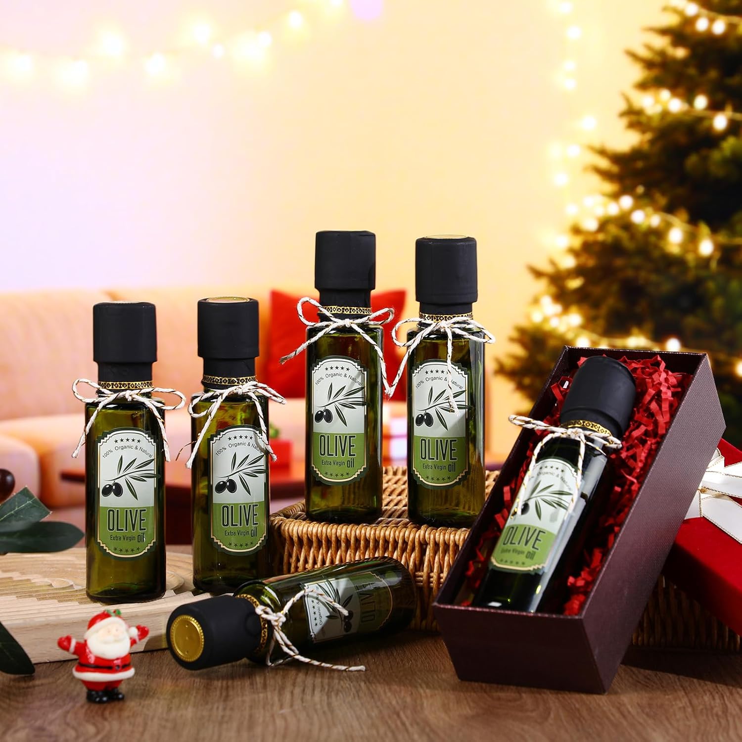 Reallnaive 40 Pcs 4 oz Mini Glass Olive Oil Bottles Empty Sauce Condiment Bottles with Dropper Inserts and Sticker Seals Caps for Gifts Kitchen (Olive Pattern,Dark Green)