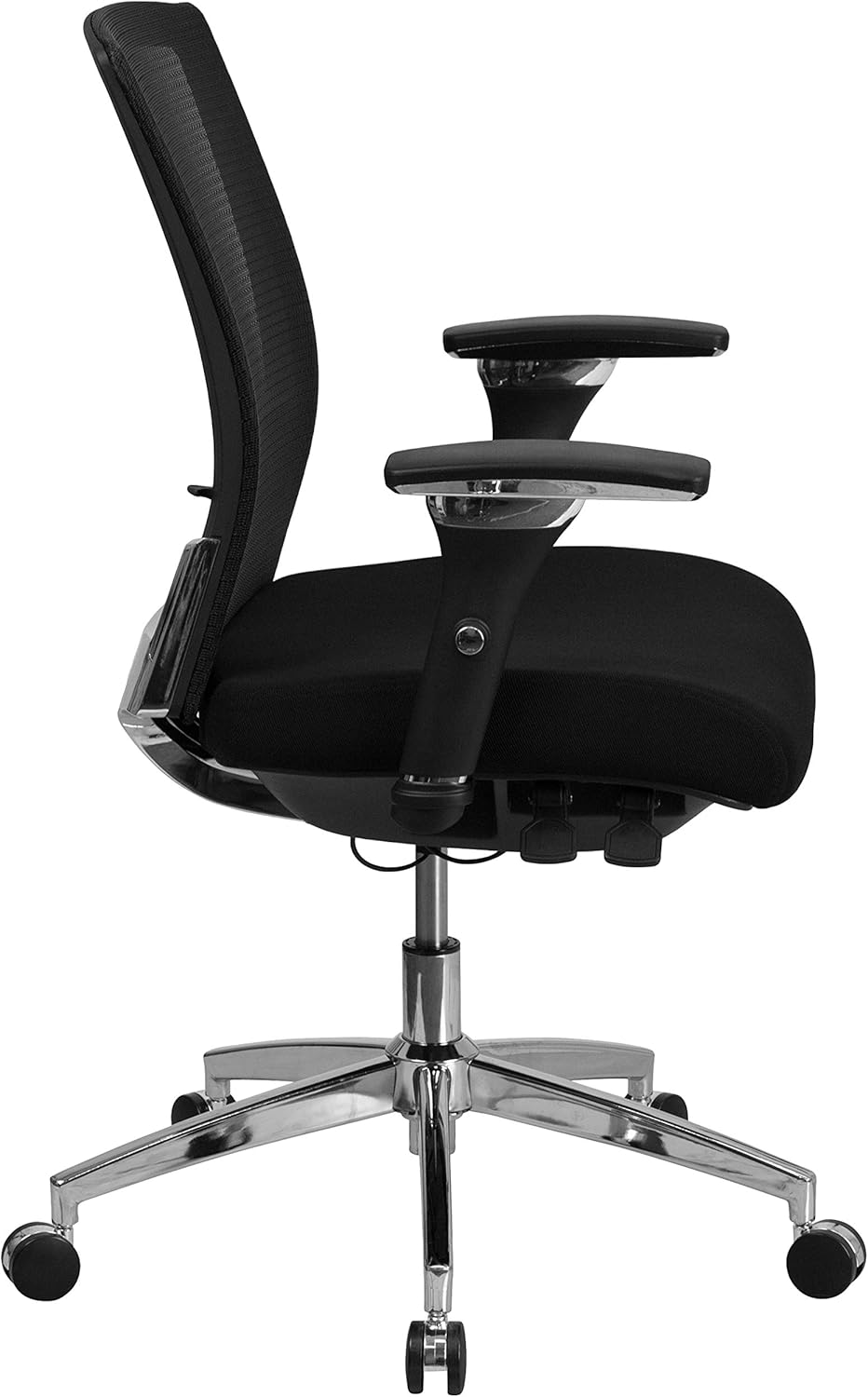 Taraf view of chair demonstrating synchro tilt