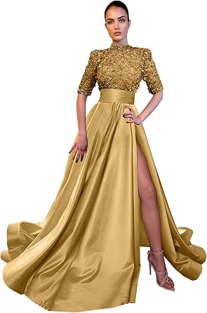 Yuxin Sparkly Sequin Prom Dresses Long Ball Gown High Neck Half Sleeve Satin Formal Evening Gowns with Slit 828