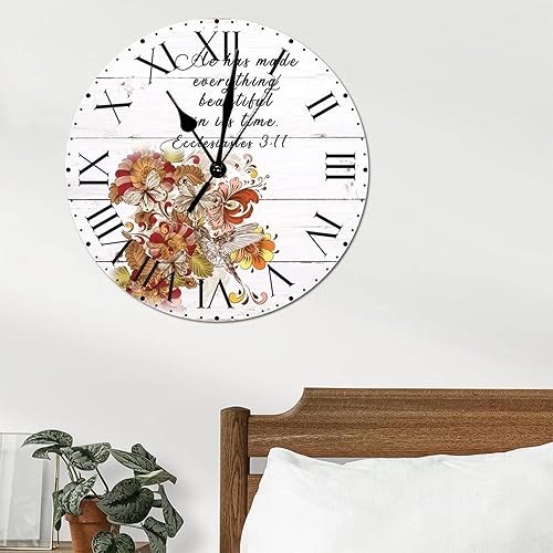 Miniatura 94 de ArogGeld He Made Everything Beautiful - Reloj de pared de PVC con flores rosadas, colibrí, reloj de pared grande con cita y números romanos, reloj