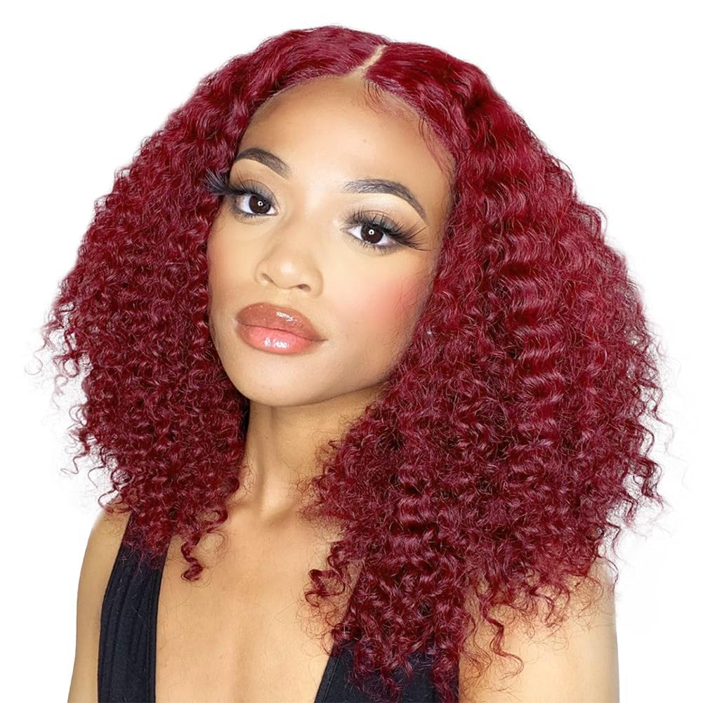 99J Burgundy Curly Bob Wig Human Hair Short Bob Wigs For Women Bob Lace Front Wigs Human Hair 14 Inch Glueless 180 Density 13x4 HD Frontal Lace