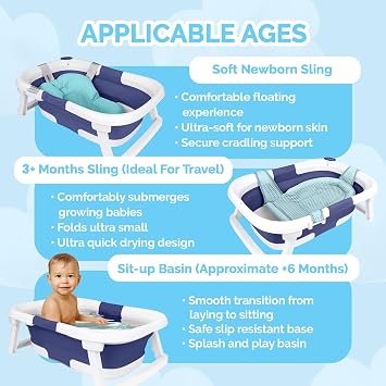 BEBELEHTM Collapsible Baby Bathtub Bathtub + Baby tub Sling + Newborn Sling Baby Bathtub Newborn to Toddler 0-24 Months The Ultimate Travel Baby Bath Tub and Everyday Use! (Blue)