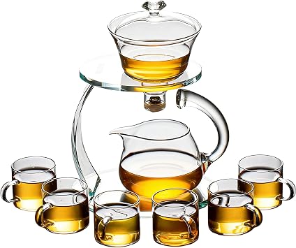 Glass Teapot Set Semi Automatic Drip Rotating with Infuser Chinese Heat-Resistant Lazy Kungfu Tea Set with 6pcs Teacups Clear Set