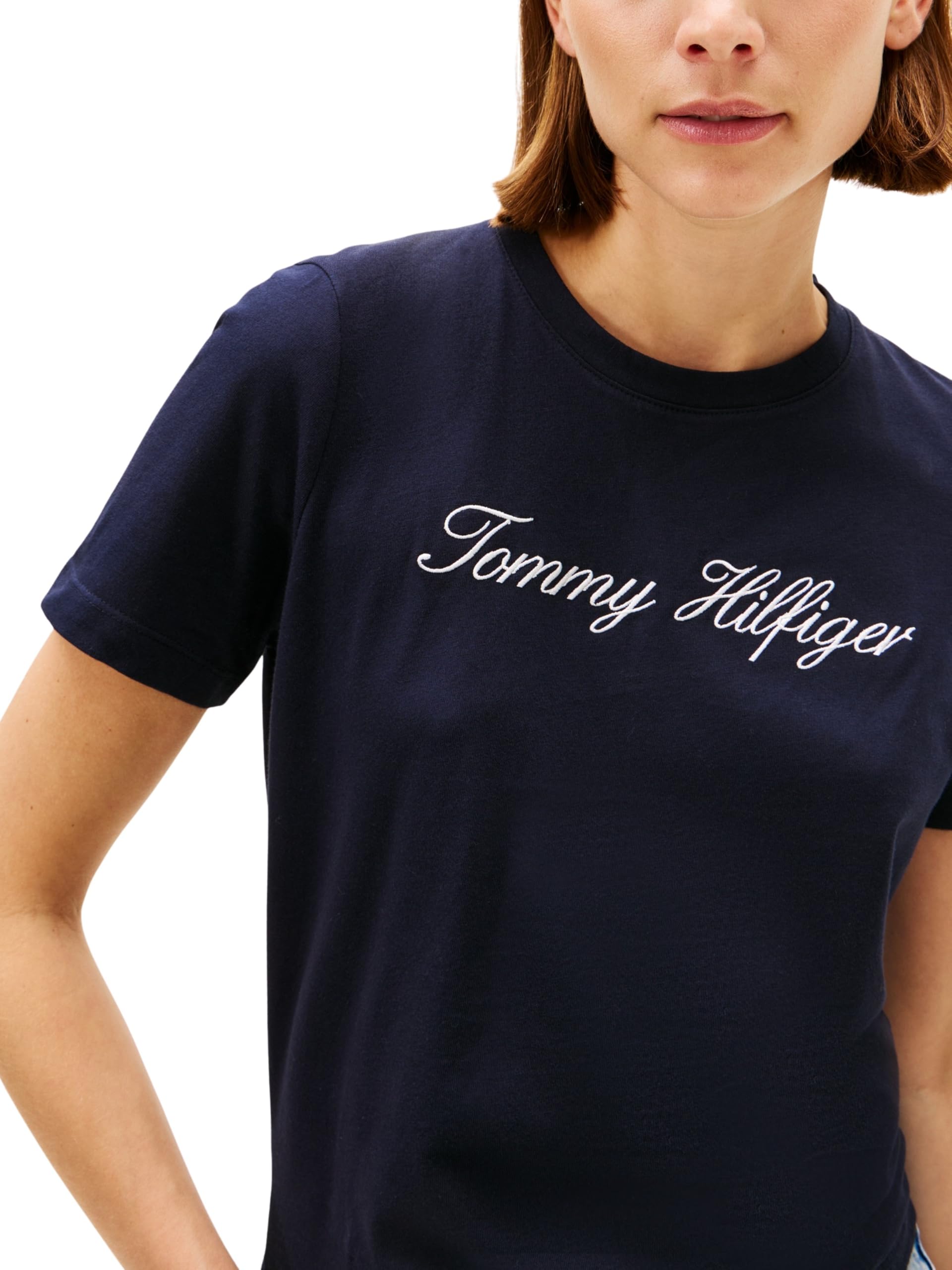 Tommy Hilfiger Camiseta de Manga Corta Mujer Script Regular con Cuello Redondo
