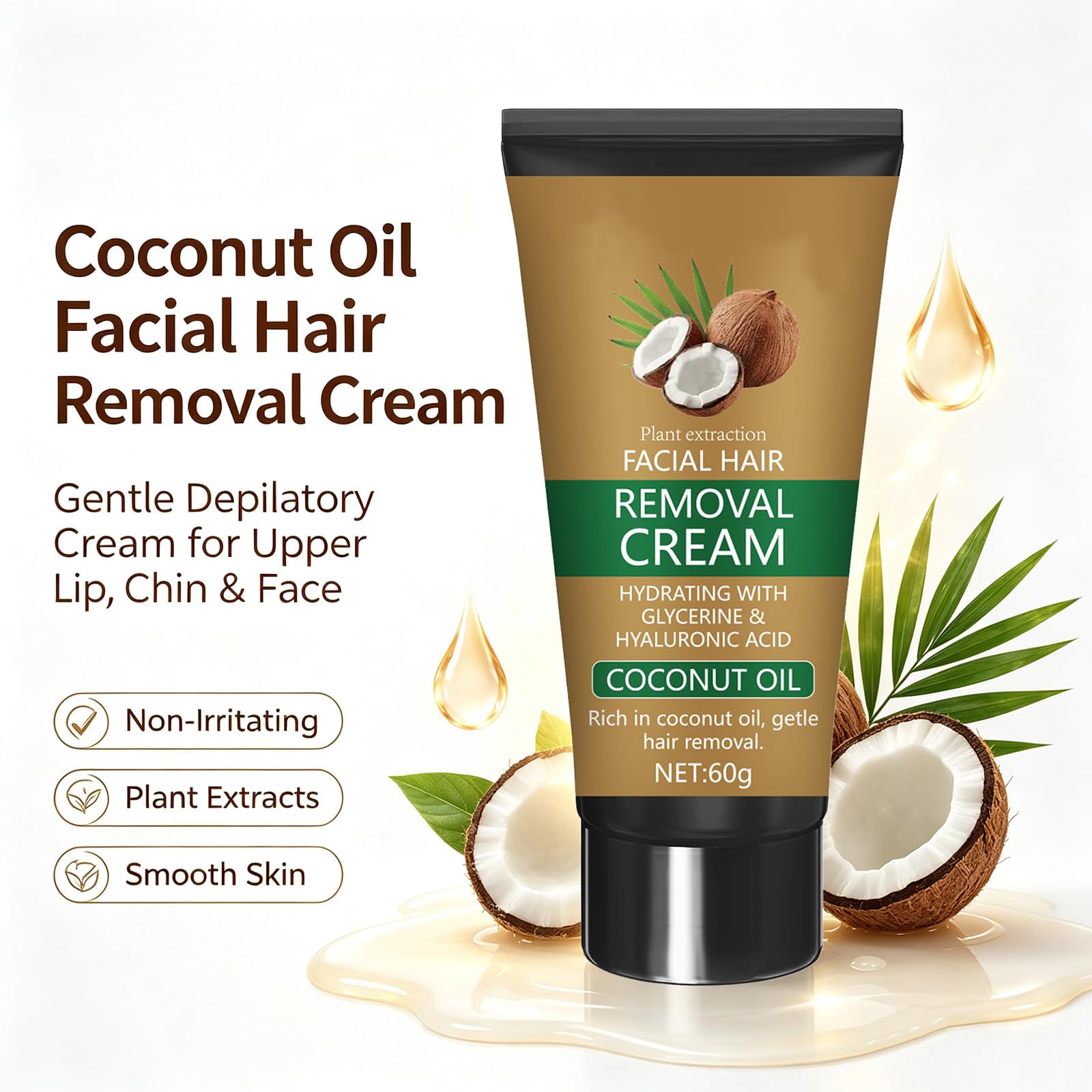 Crema depilatoria per il viso all'olio di cocco, crema depilatoria per il viso, depilatorio non irritante con estratti vegetali, crema lisciante per corpo e viso, ideale per pelli sensibili. (6pcs)