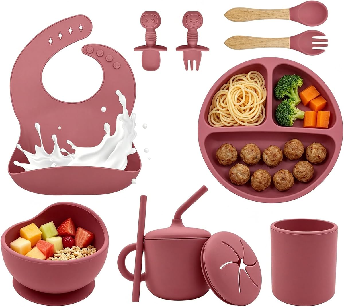 Juego de alimentación de silicona para bebés de 9 piezas, suministros de destete dirigidos por bebés | Los utensilios para comer para bebés incluyen plato de succión, tazón, babero, cuchara y tenedores de silicona, cucharas y tenedores de madera, pajita y vasito para sorber.