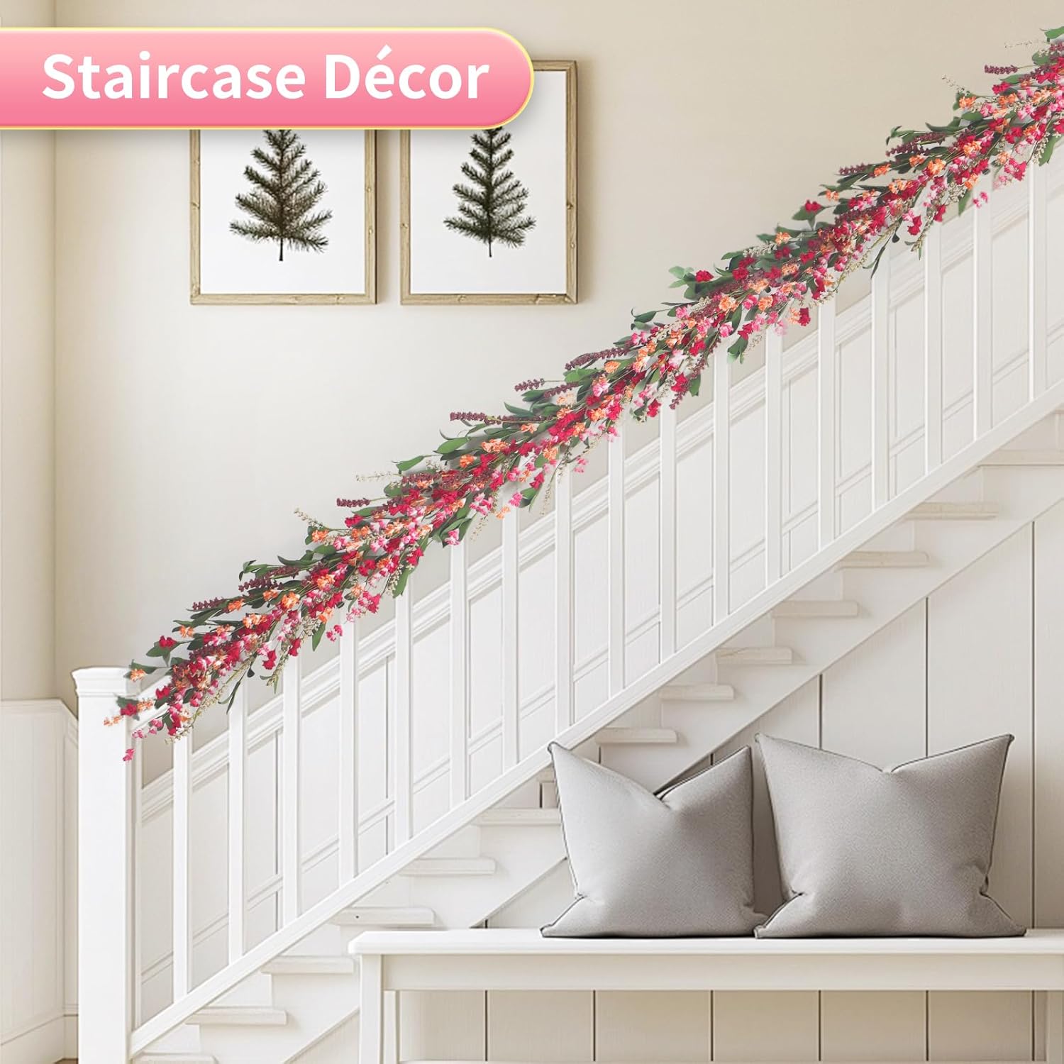 2pcs Spring Paper Garland: 6ft Red, Orange & Pink All-Season Garlands with Paper & Fabric Flowers, EVA Leaves, Flower Spikes for Front Door, Living Room, Wedding