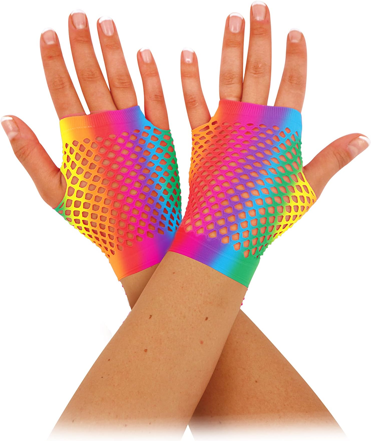 HENBRANDT Rainbow Short Fingerless Fishnet Gloves - LGBTQ+ Pride Accessories, Wrist Length Stretchy Mesh Neon Gloves for 80s 90s Fancy Dress - Women's Accessories