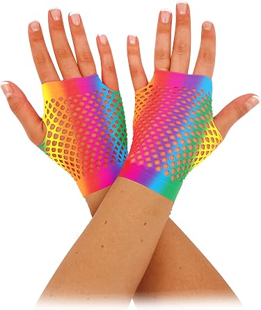 HENBRANDT Rainbow Short Fingerless Fishnet Gloves - LGBTQ+ Pride Accessories, Wrist Length Stretchy Mesh Neon Gloves for 80s 90s Fancy Dress - Women's Accessories