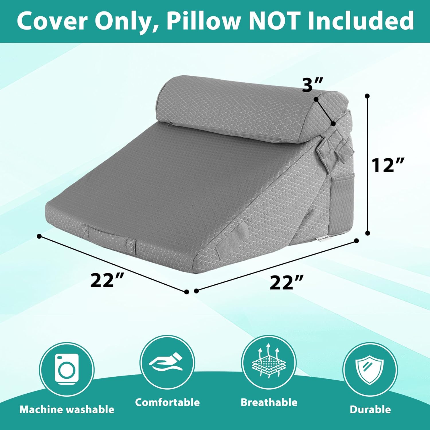 bedluxe wedge pillow set cover for 2 pcs, adjustable bed wedge pillow case with side pocket, removable&machine washable wedge pillowcase with zipper, 22"x22"x12", grey(pillow not include) grey 22"x22"x12"