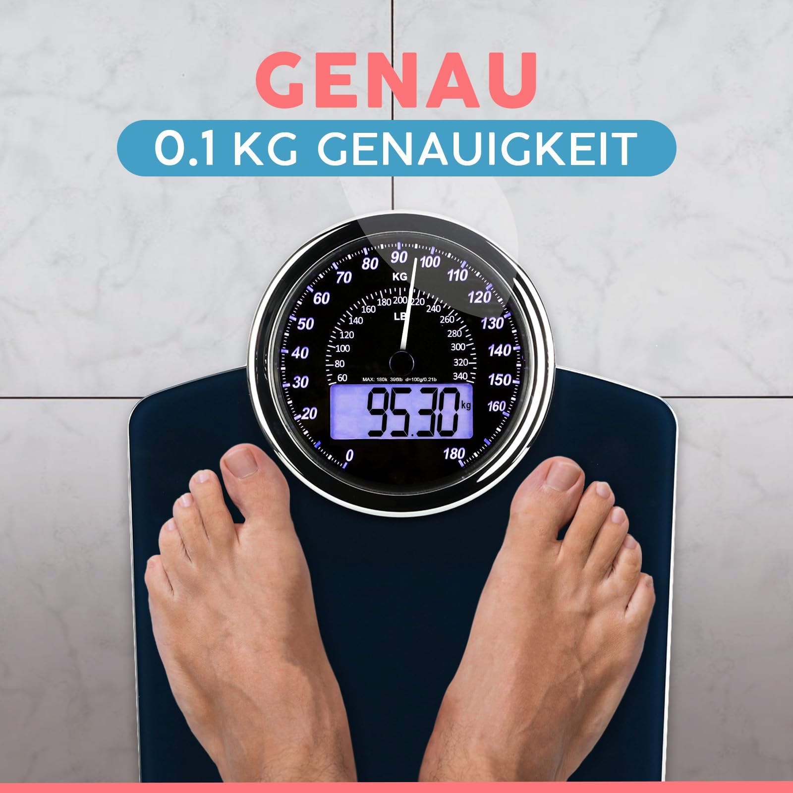 Hybrid Personenwaage - Analog & Digital, Präzise bis 180 kg | Gewicht auf Analogzifferblatt und LCD ablesen. Breite Glasplattform, 3 AAA Batterien inklusive, sofort einsatzbereit.