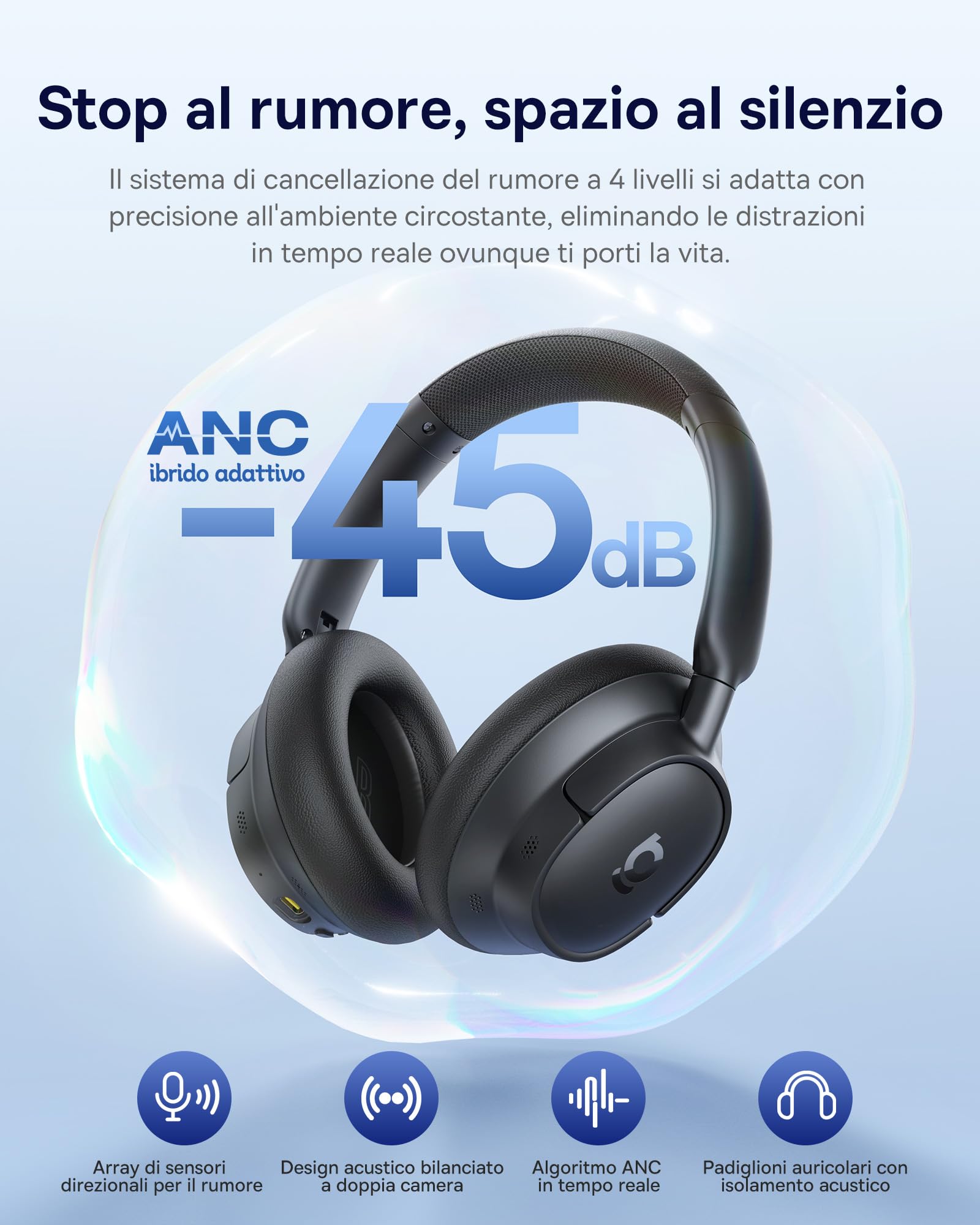 Baseus EH10 NC Cuffie Bluetooth con Cancellazione del Rumore Ibrida Attiva -45 dB, Cuffie Over-Ear Hi-Res & Audio LDAC con 5 Microfoni AI, 80 h di Autonomia, Bluetooth 6.0, Connessione Multipunto