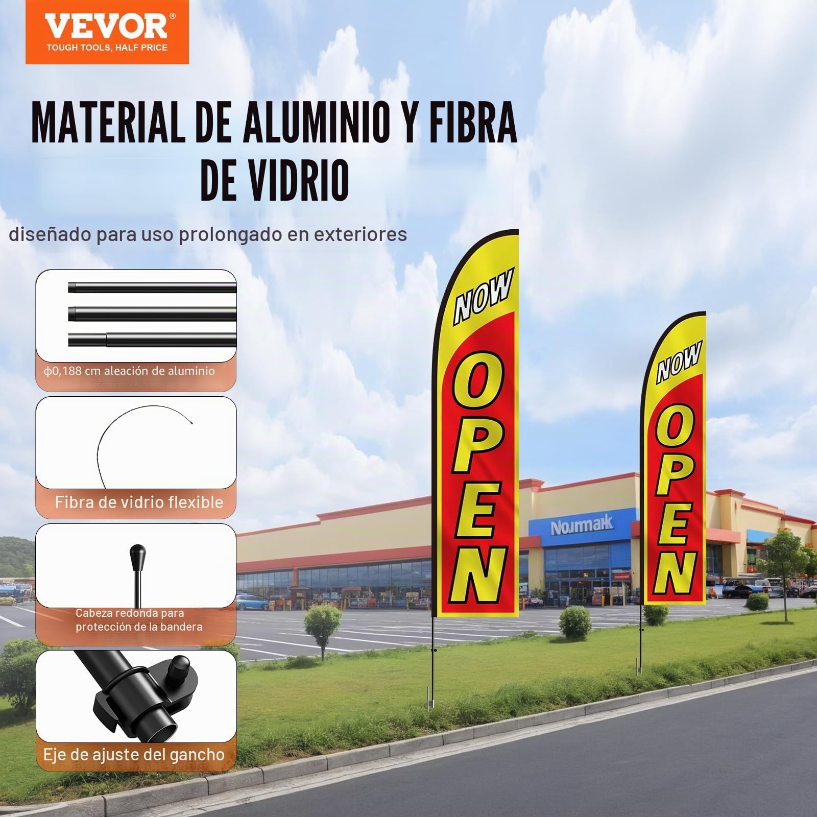 VEVOR Kit de Mástil y Banderas de Plumas Bandera Publicitaria Comercial para Exteriores de Empresa Kit de Banderas de Pluma, Incluye 2 banderas (OPEN), 2 Mástiles de 4,5 m, 2 Estacas para el Suelo