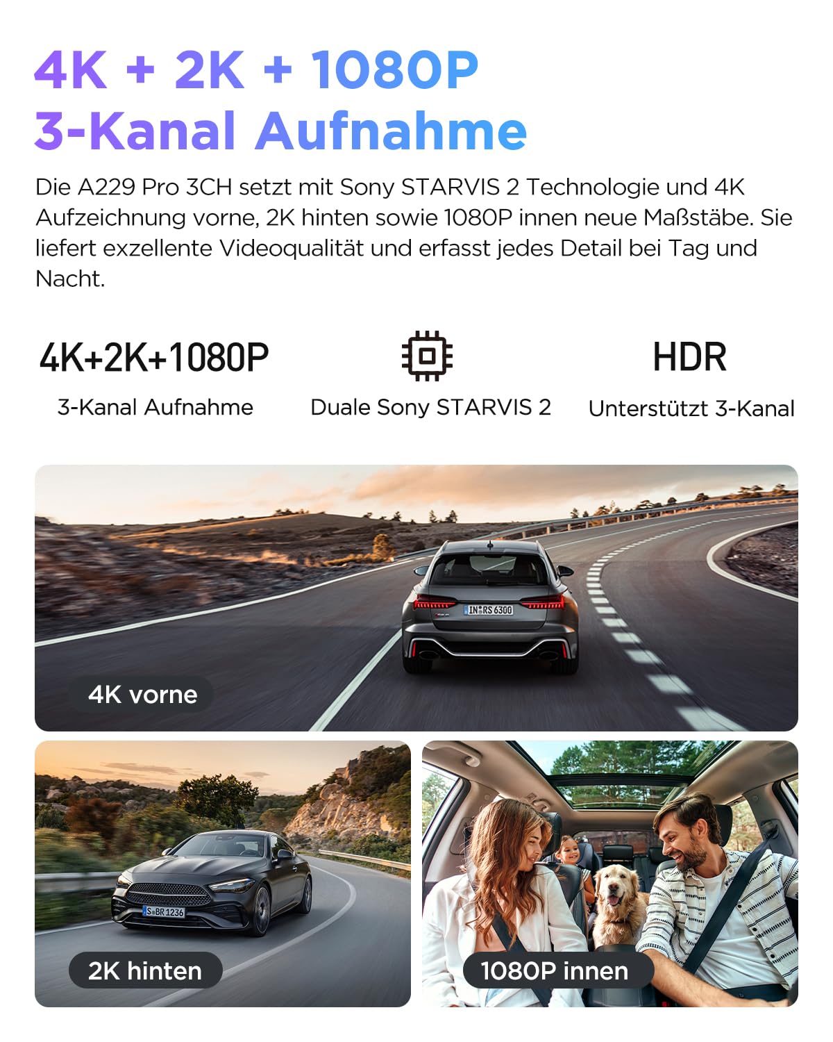 VIOFO A229 Pro 3 Lens 4K + 2K + 1080P Dashcam Auto, Dual STARVIS 2, HDR, Sprachsteuerung, 5GHz Wi-Fi, GPS, Super Nachtsicht 2.0