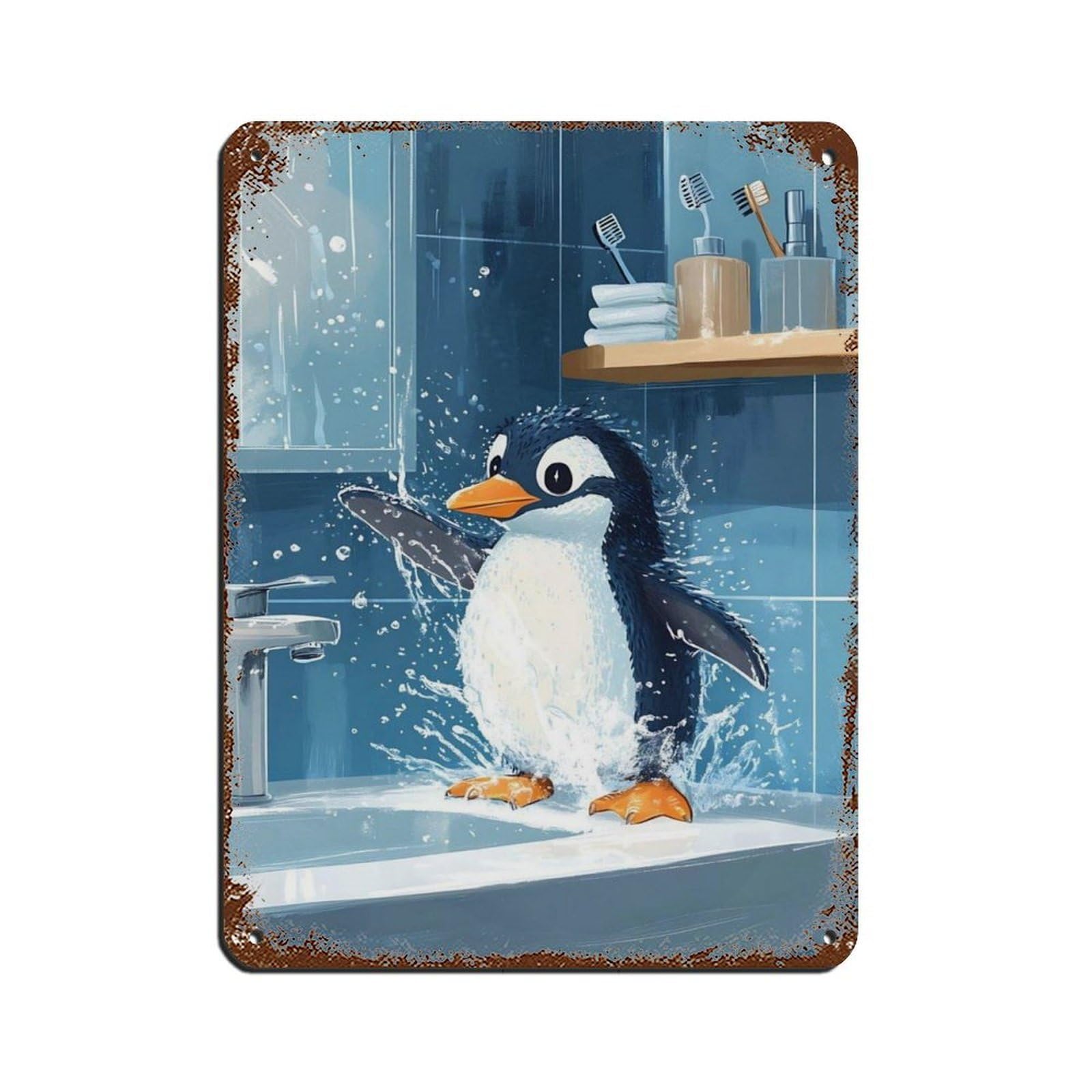 Lxwnze 30L X 40W Cm Cute Penguin Bathroom,Splashing Penguin Tin Sign Vintage Metal Pub Club Cafe Bar Home Wall Art Decoration Poster Retro 12X16inch(30X40cm)