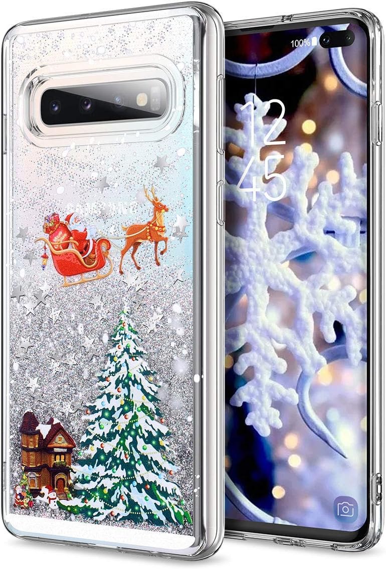 Veapero Samsung Galaxy S10 Plus Case,3D Creative Merry Christmas Tree Pattern Glitter Quicksand Flowing Liquid Bling Sparkle Cute Soft TPU Transparent Protective Case for,Silver