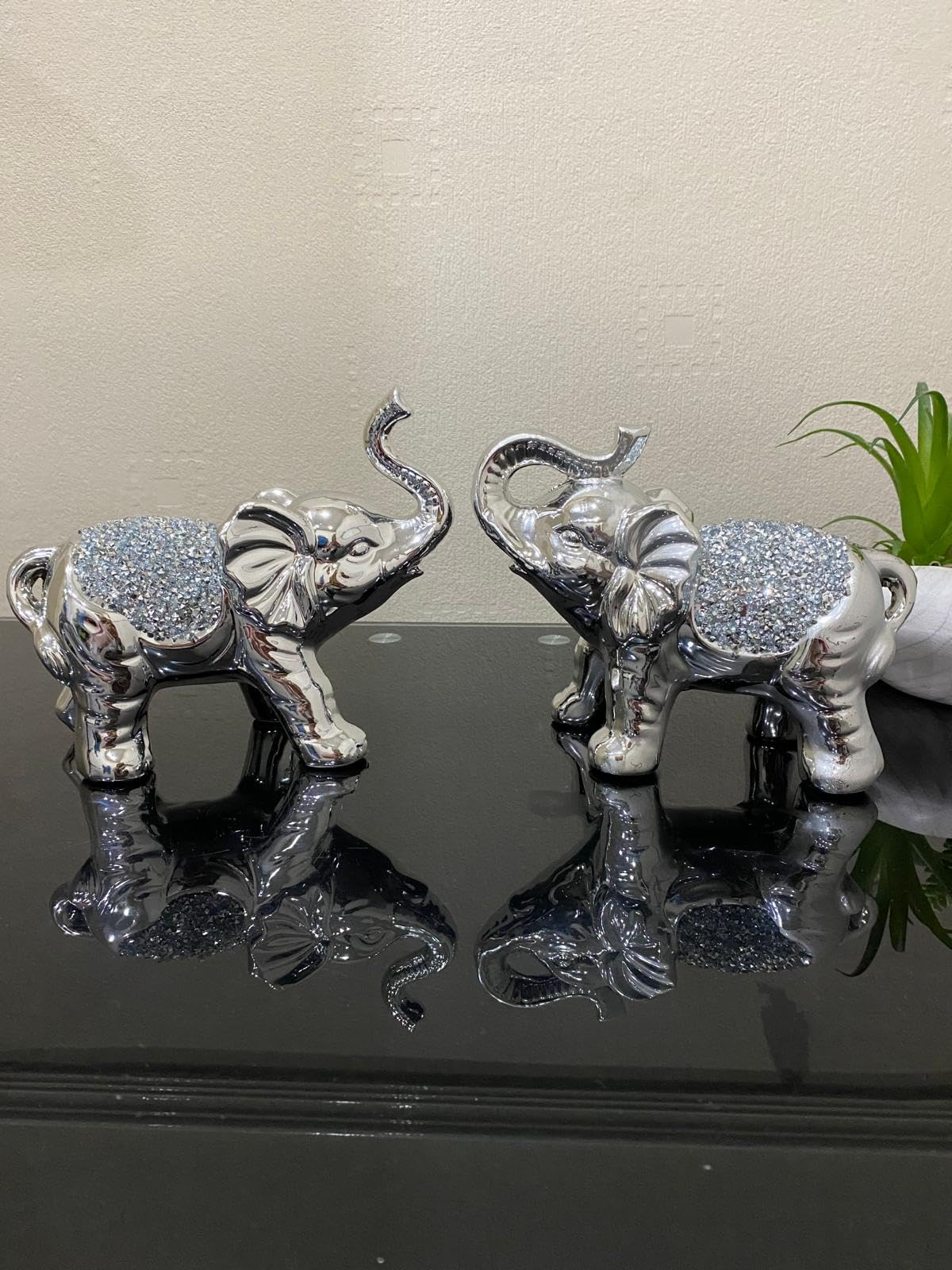 Stunning Silver Set Of 2 Bling Elephant Ornaments - Crushed Diamond Crystal Decor, Elegant Sparkling Home Accessories, Luxury Elephant Figurines For Living Room, Shelf, And Table Decoration